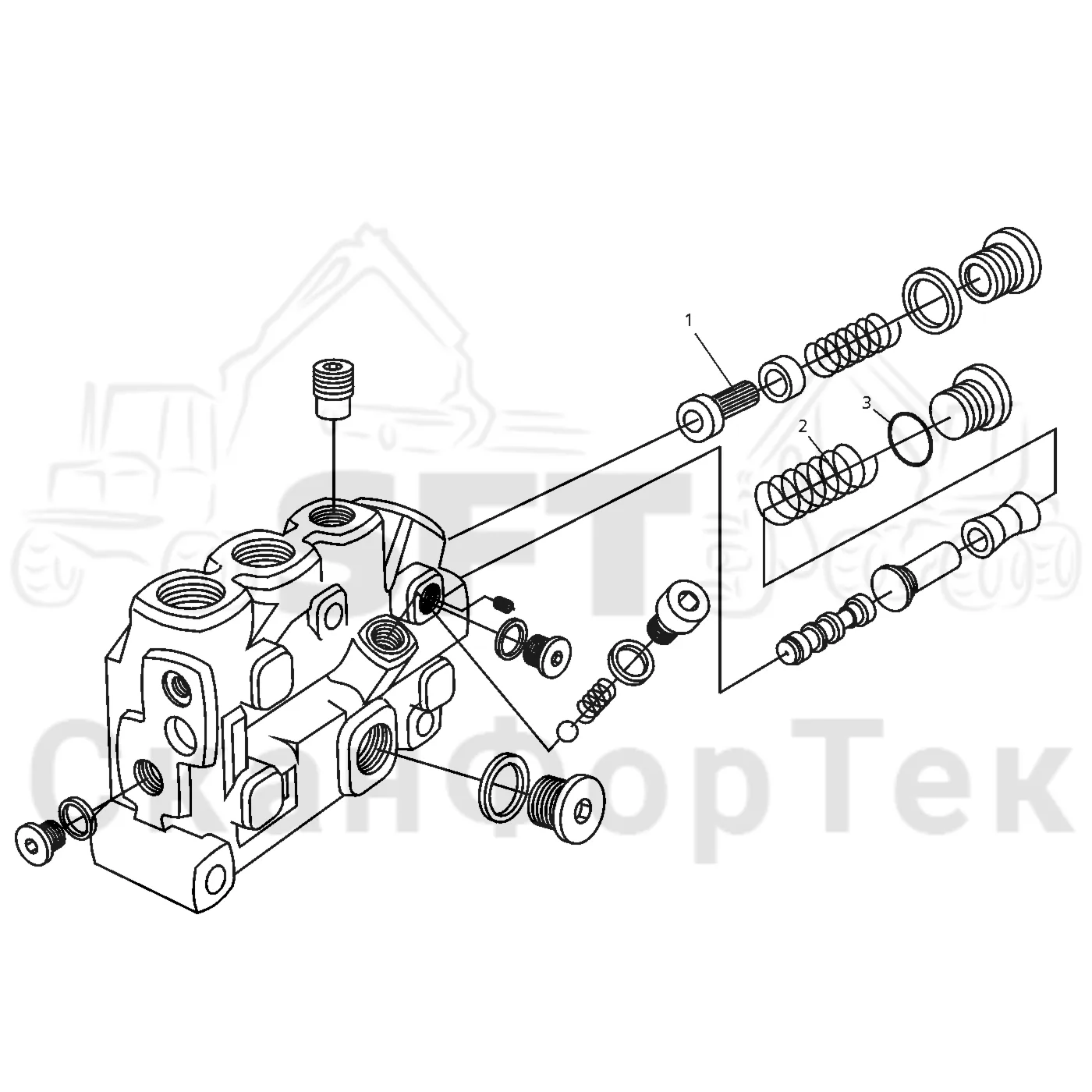 Схема: Valmet / Форвардер / Valmet 860.1 / Valmet 860.1 Ch. -115420 / Valmet 860.1 Ch. -115420 / Каталог запасных частей / Оборудование захвата / Захват / Valmet 801c Ch -11730 / Каталог запасных частей / Гидравлика / Клапан шасси / Торцевая секция