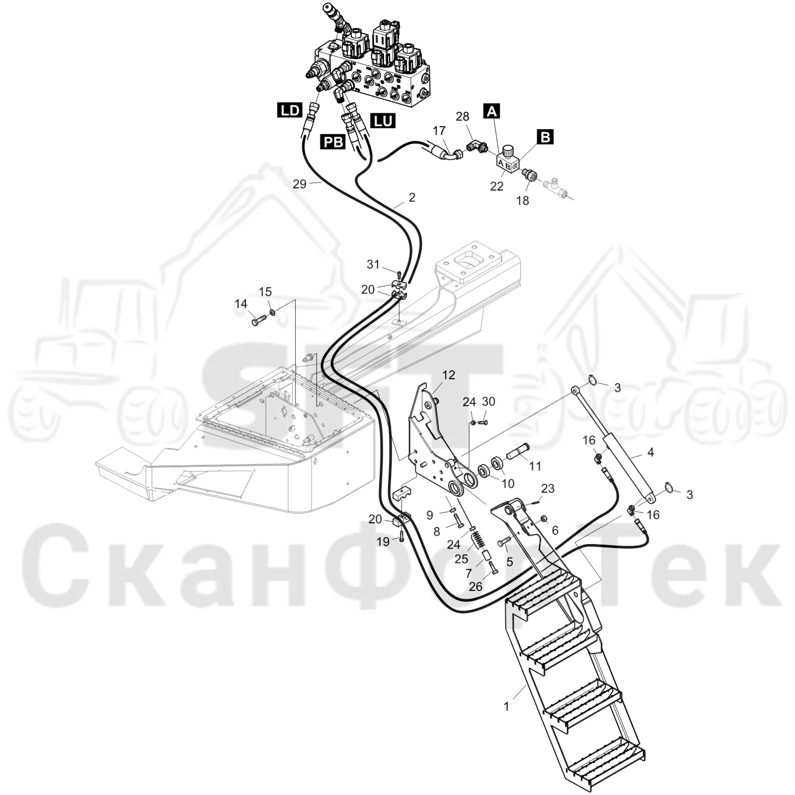 Схема: Komatsu / Форвардер / 895 S/N 8950011010- / Каталог запасных частей / шасси / Ступени, лестницы и платформы / Гидравлическая лестница