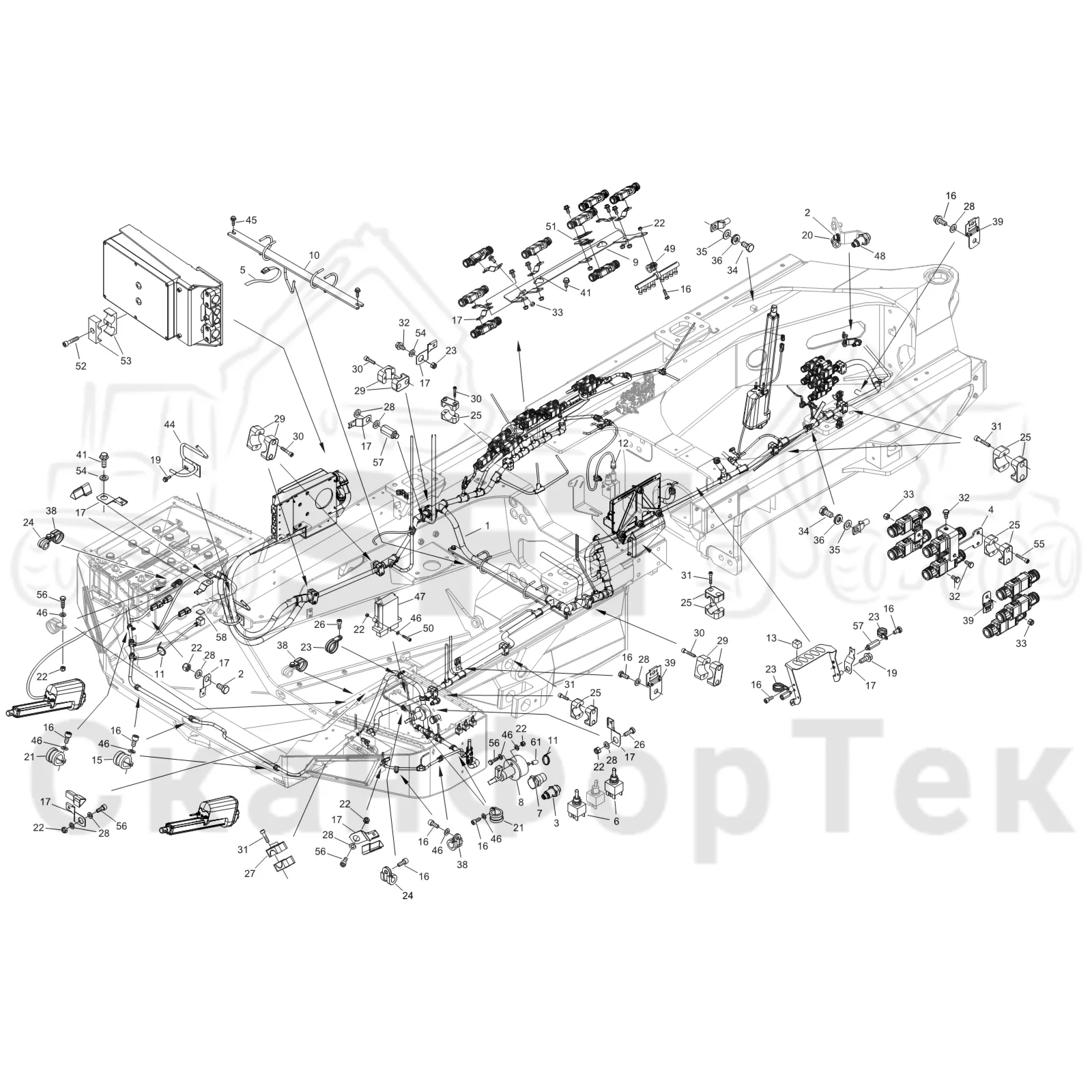 Схема: Komatsu / Форвардер / 895 S/N 8950011010- / Каталог запасных частей / шасси / Электрический Оборудование / Комплект кабелей передней рамы