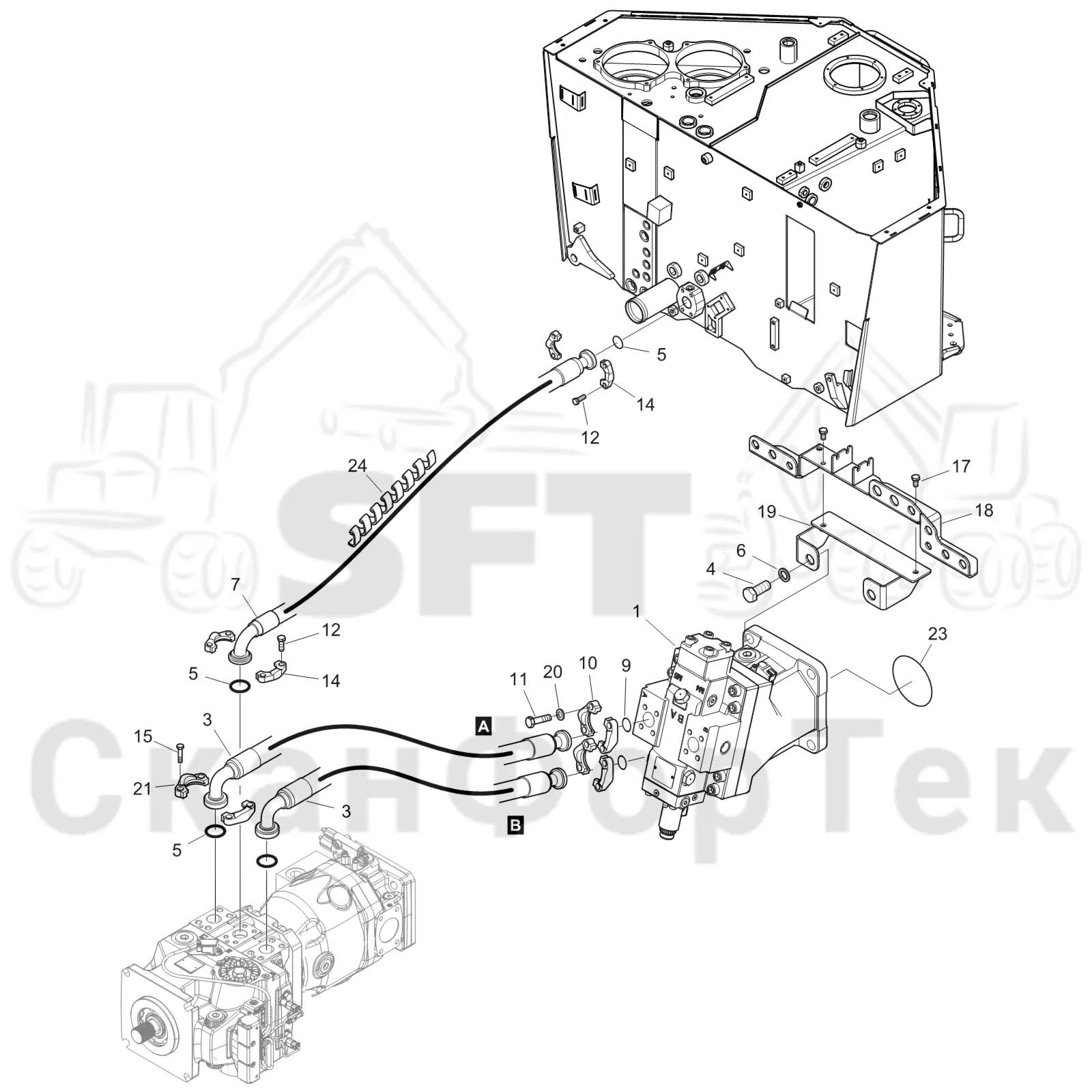 Схема: Komatsu / Форвардер / 895 S/N 8950011010- / Каталог запасных частей / Коробка передач / Оборудование гидростатики / Подвод гидростатического шланга