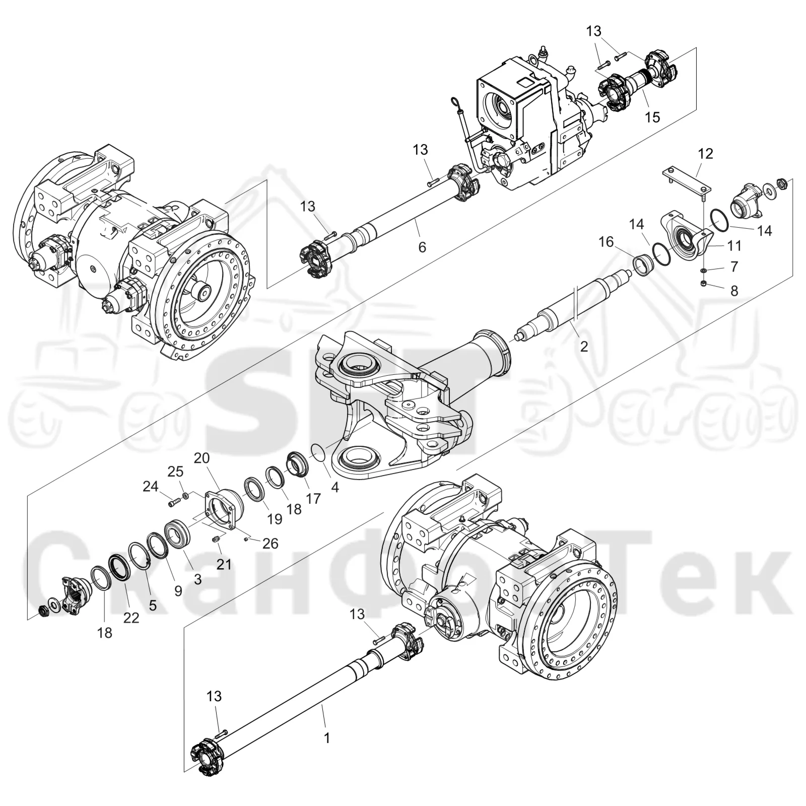Схема: Komatsu / Форвардер / 895 S/N 8950011010- / Каталог запасных частей / Коробка передач / Карданная передача / Карданная передача +600