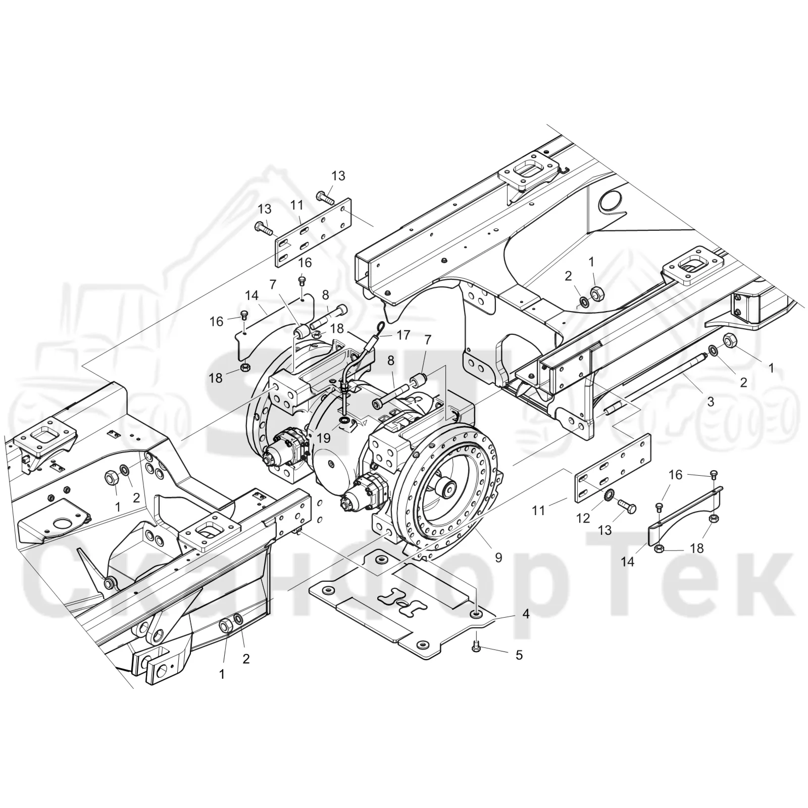 Схема: Komatsu / Форвардер / 895 S/N 8950011010- / Каталог запасных частей / Коробка передач / Мост каретки / Передний агрегат каретки
