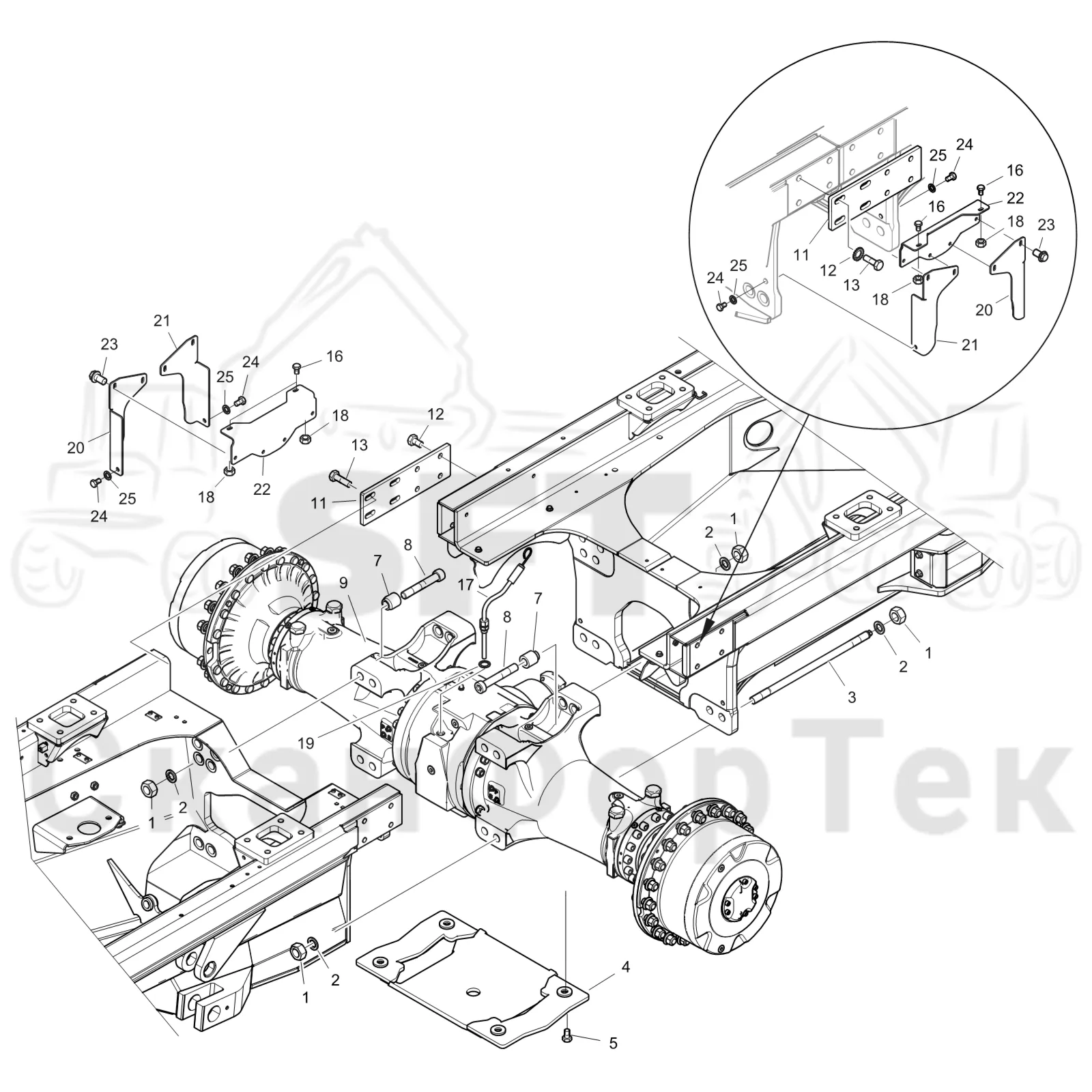 Схема: Komatsu / Форвардер / 895 S/N 8950011010- / Каталог запасных частей / Коробка передач / Ось / Мост передний