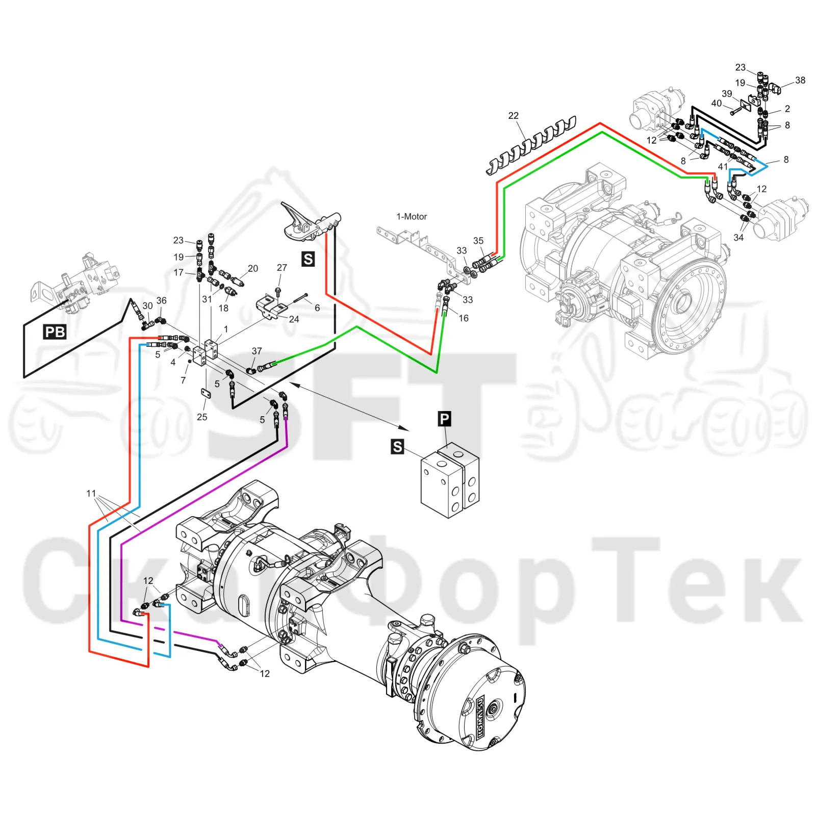 Схема: Komatsu / Форвардер / 895 S/N 8950011010- / Каталог запасных частей / Тормоза / Тормоза на 6 колес / Тормозная система