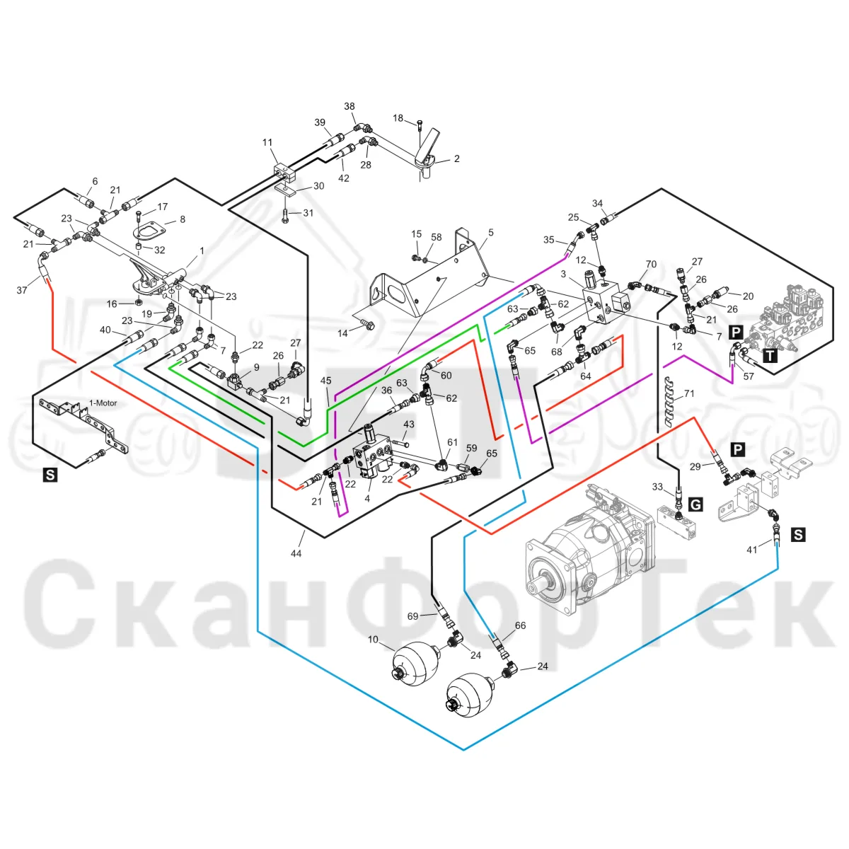 Схема: Komatsu / Форвардер / 895 S/N 8950011010- / Каталог запасных частей / Тормоза / Тормоза на 8 колес / Тормозная система