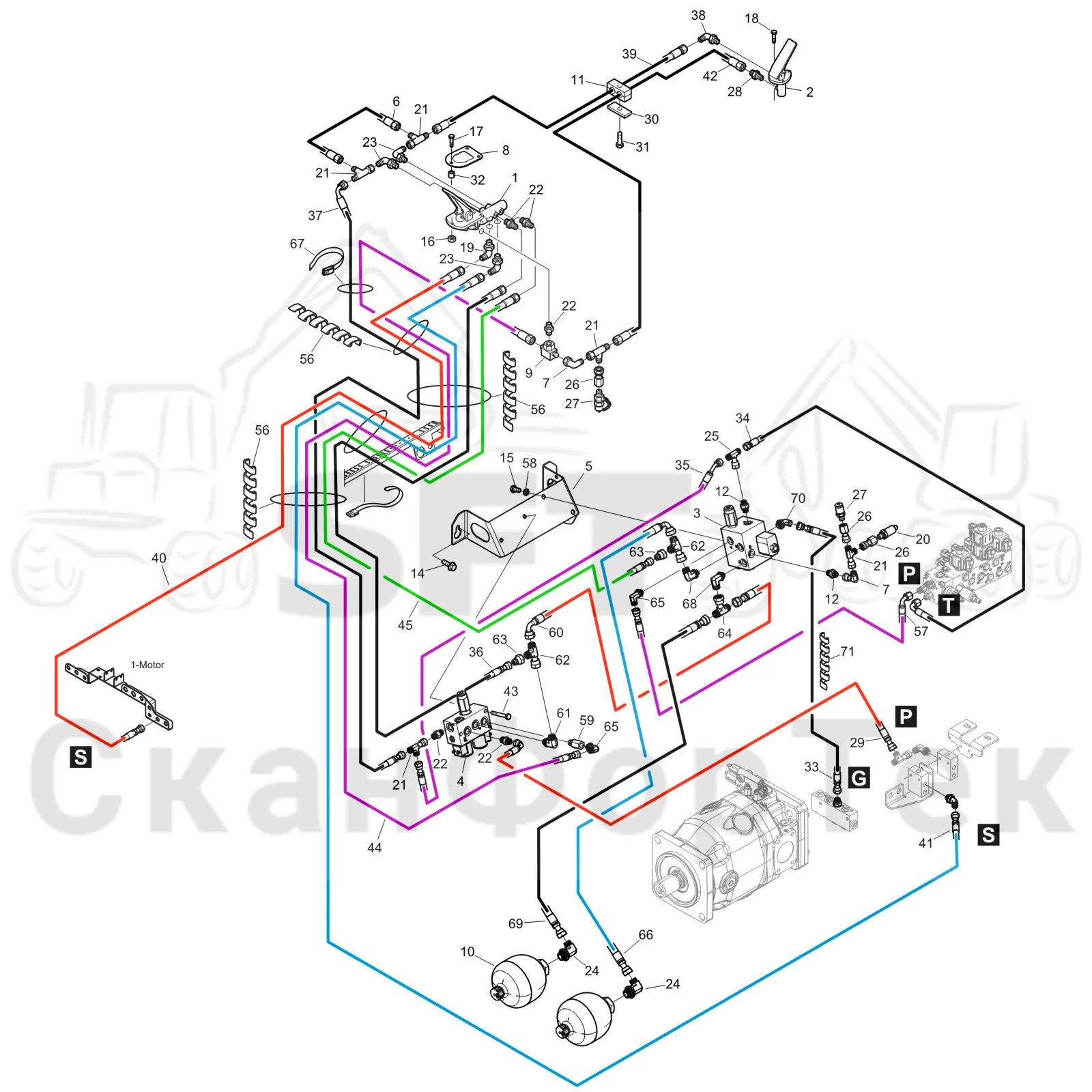 Схема: Komatsu / Форвардер / 895 S/N 8950011010- / Каталог запасных частей / Тормоза / Тормоза на 8 колес / Тормозная система Comfort ride