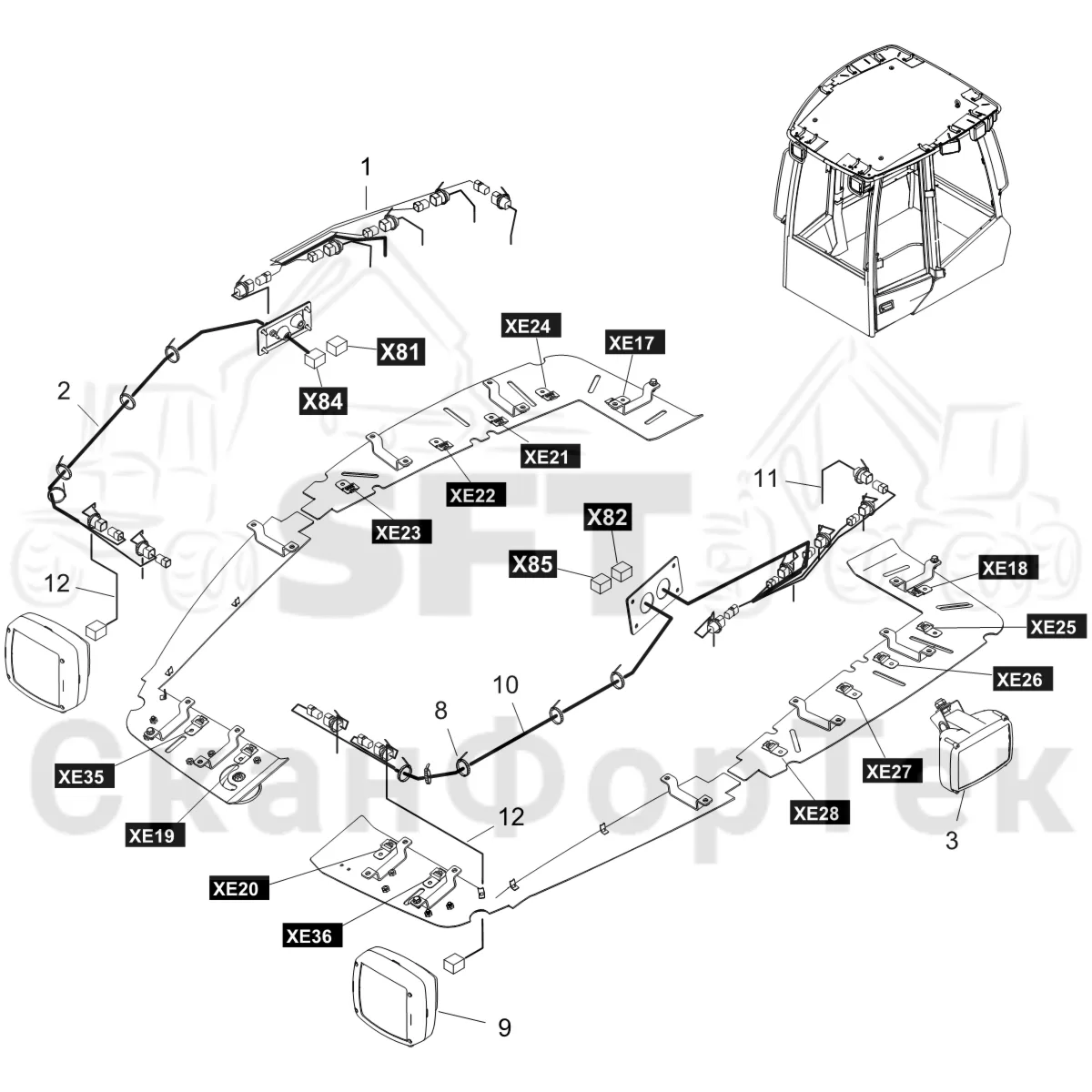 Схема: Komatsu / Форвардер / 895 S/N 8950011010- / Каталог запасных частей / Кабина / Рабочие лампы и стеклоочиститель / Рабочие лампы, галогеновые