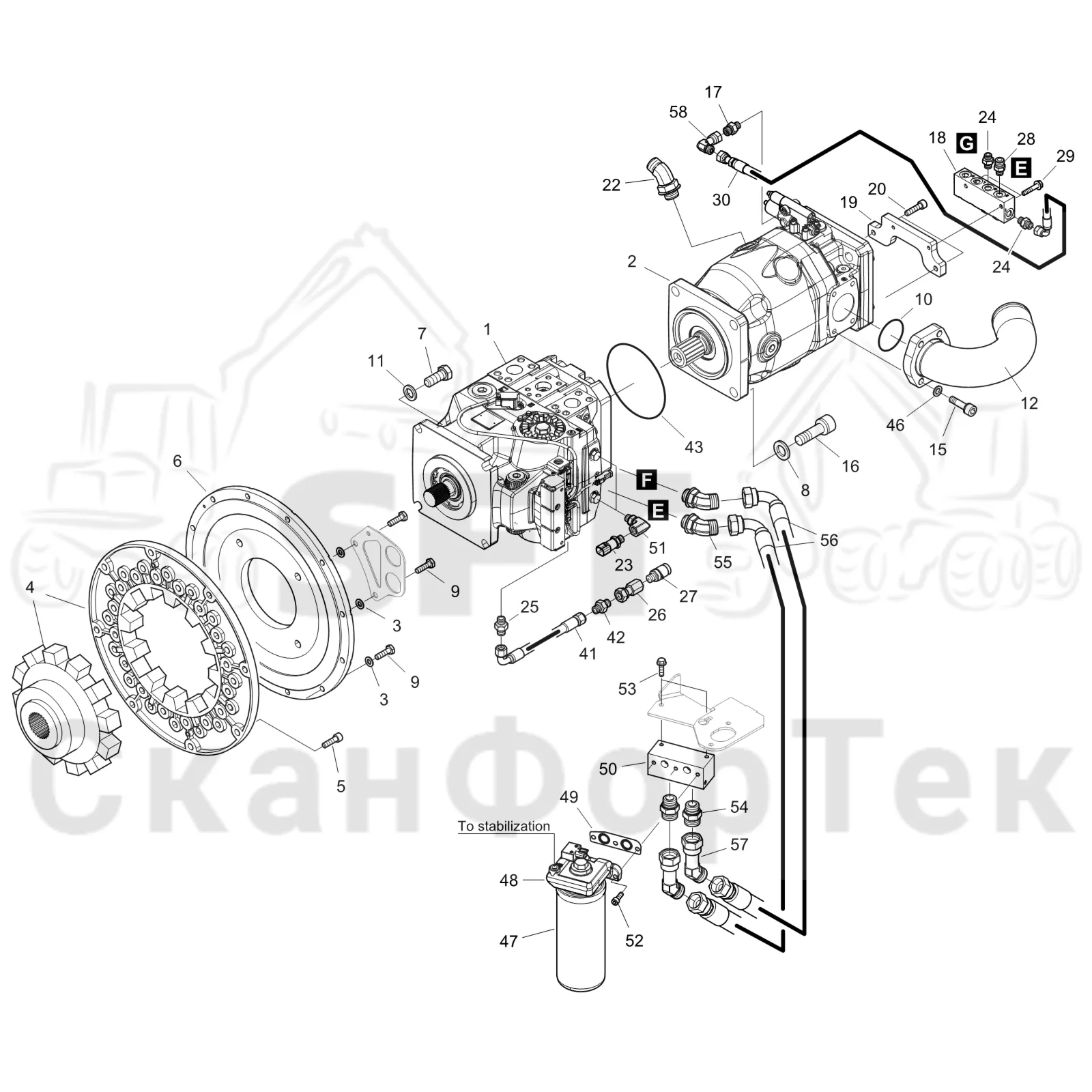 Схема: Komatsu / Форвардер / 895 S/N 8950011010- / Каталог запасных частей / Гидравлика / Гидравлические насосы / Насосная установка