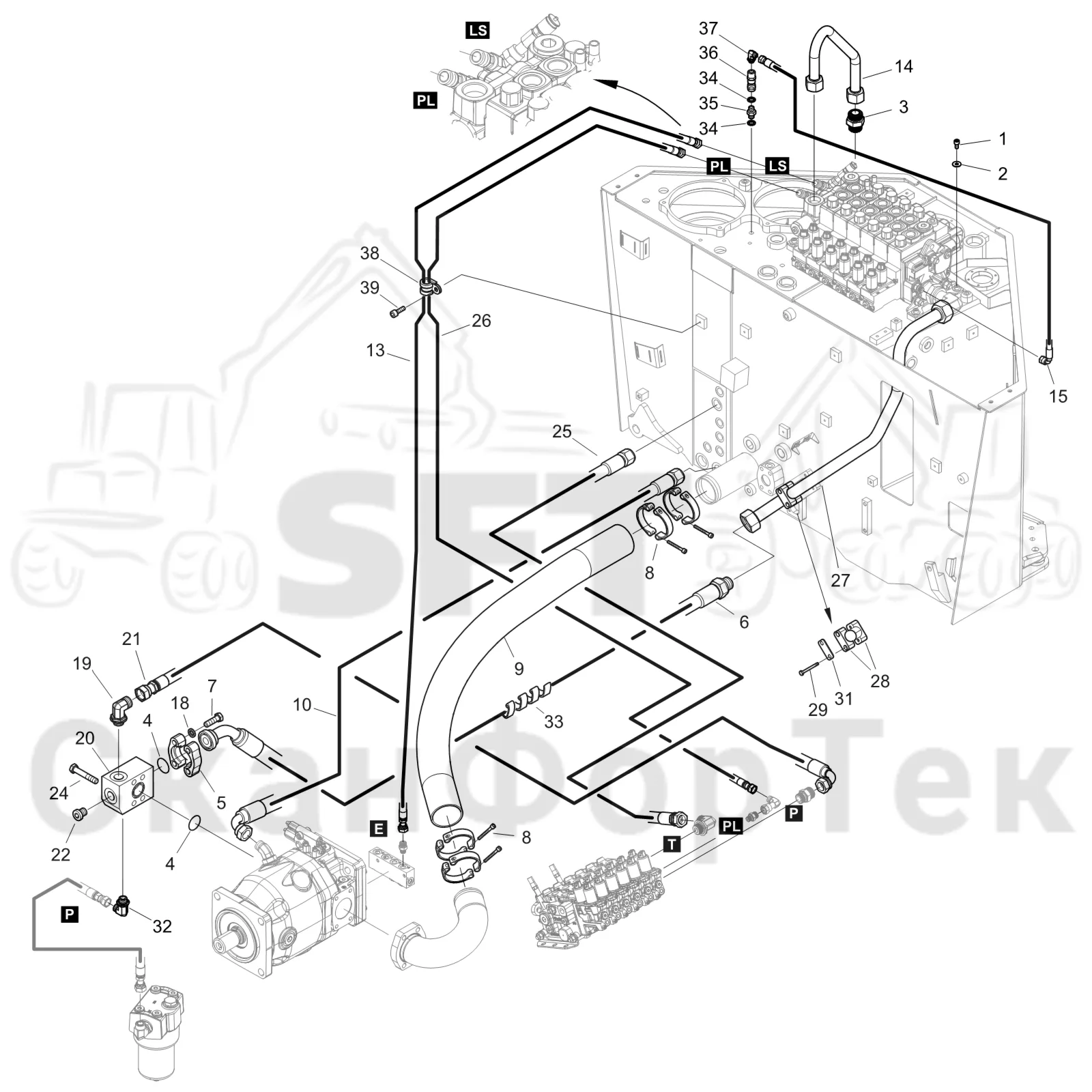 Схема: Komatsu / Форвардер / 895 S/N 8950011010- / Каталог запасных частей / Гидравлика / Гидравлические насосы / Подвод шланга