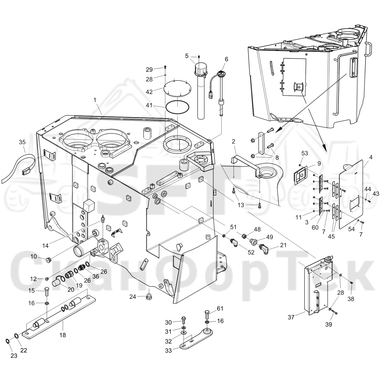 Схема: Komatsu / Форвардер / 895 S/N 8950011010- / Каталог запасных частей / Гидравлика / Бак гидравлики / Бак гидравлики