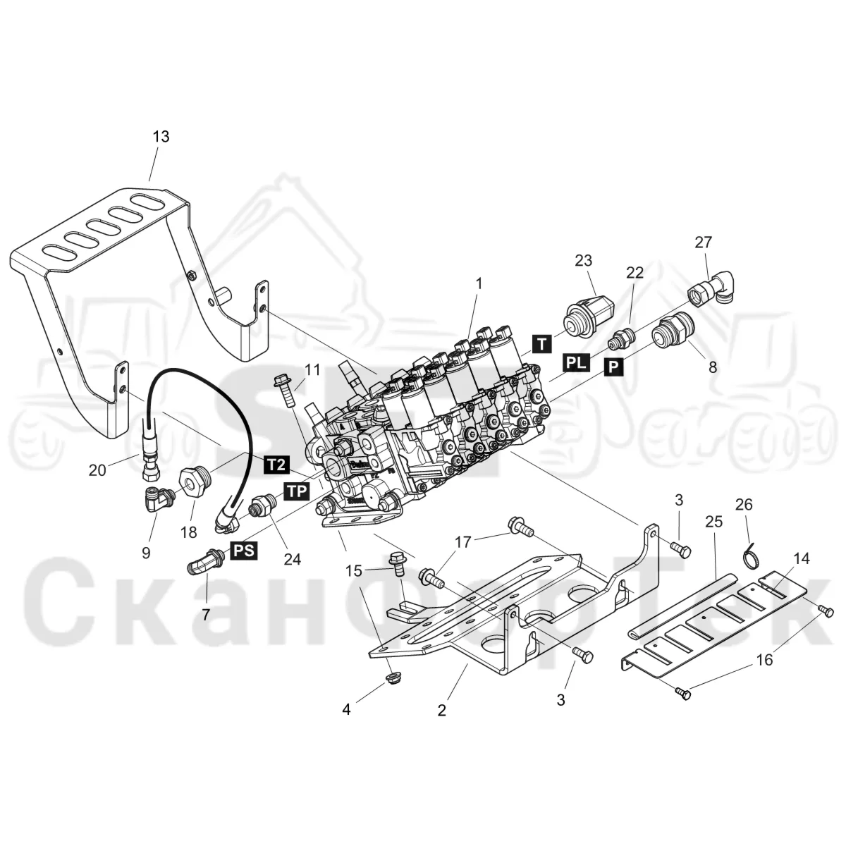 Схема: Komatsu / Форвардер / 895 S/N 8950011010- / Каталог запасных частей / Гидравлика / Клапан шасси / Клапан