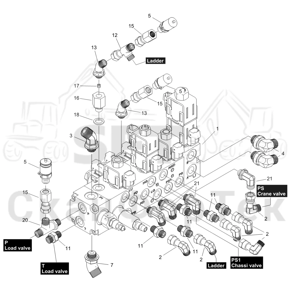 Схема: Komatsu / Форвардер / 895 S/N 8950011010- / Каталог запасных частей / Гидравлика / Клапан обслуживания / Клапан обслуживания
