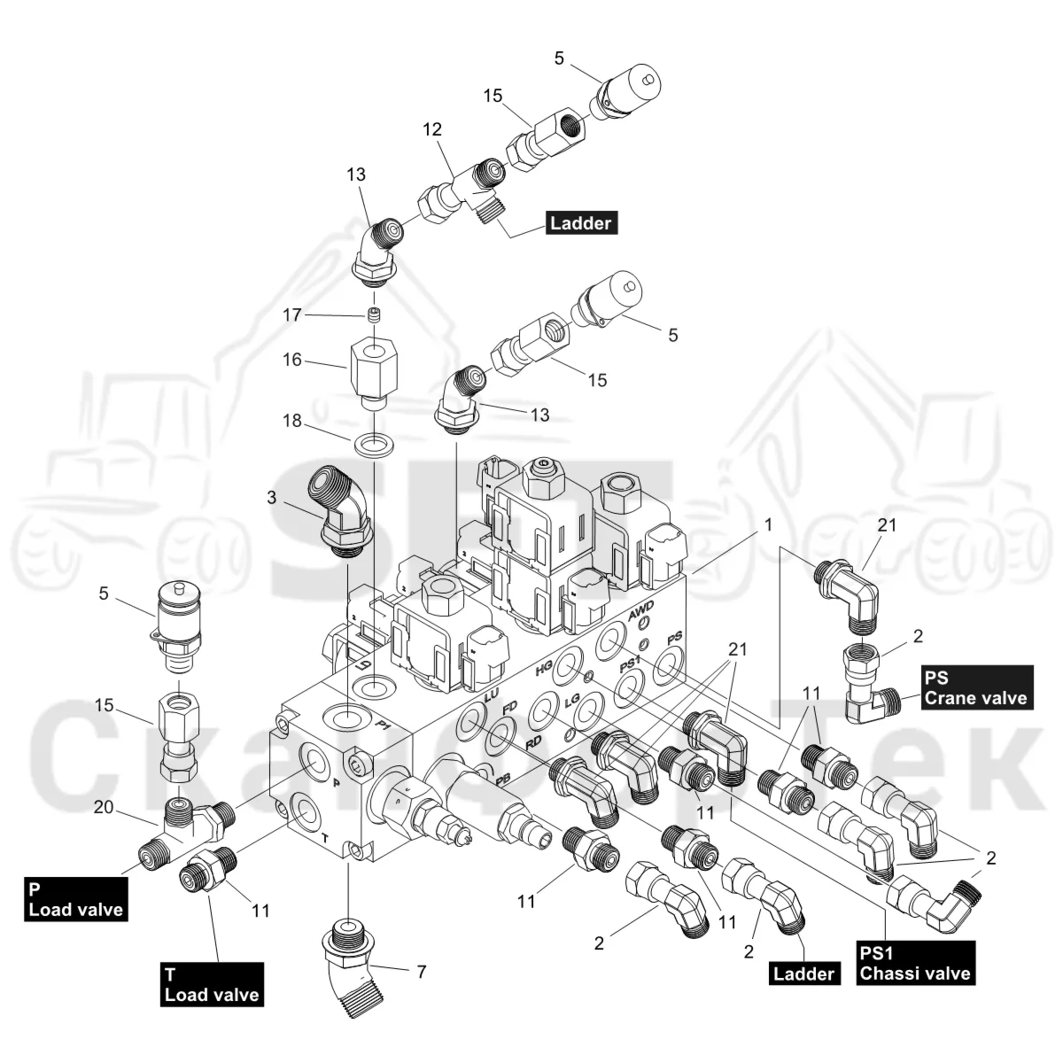 Схема: Komatsu / Форвардер / 895 S/N 8950011010- / Каталог запасных частей / Гидравлика / Клапан обслуживания / Клапан обслуживания
