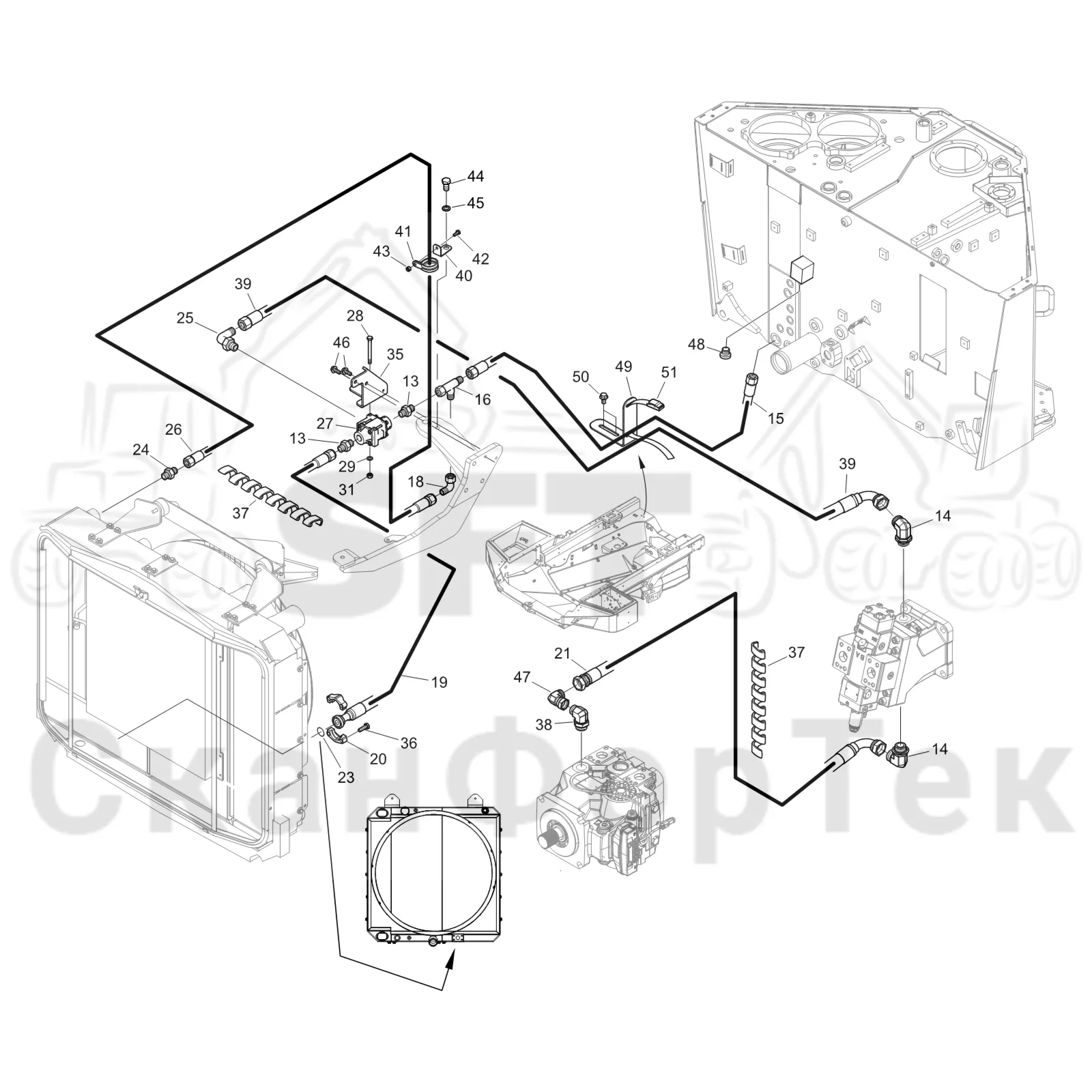 Схема: Komatsu / Форвардер / 895 S/N 8950011010- / Каталог запасных частей / Гидравлика / Система охлаждения масла / Охлаждение смазочного масла для гидравлических систем