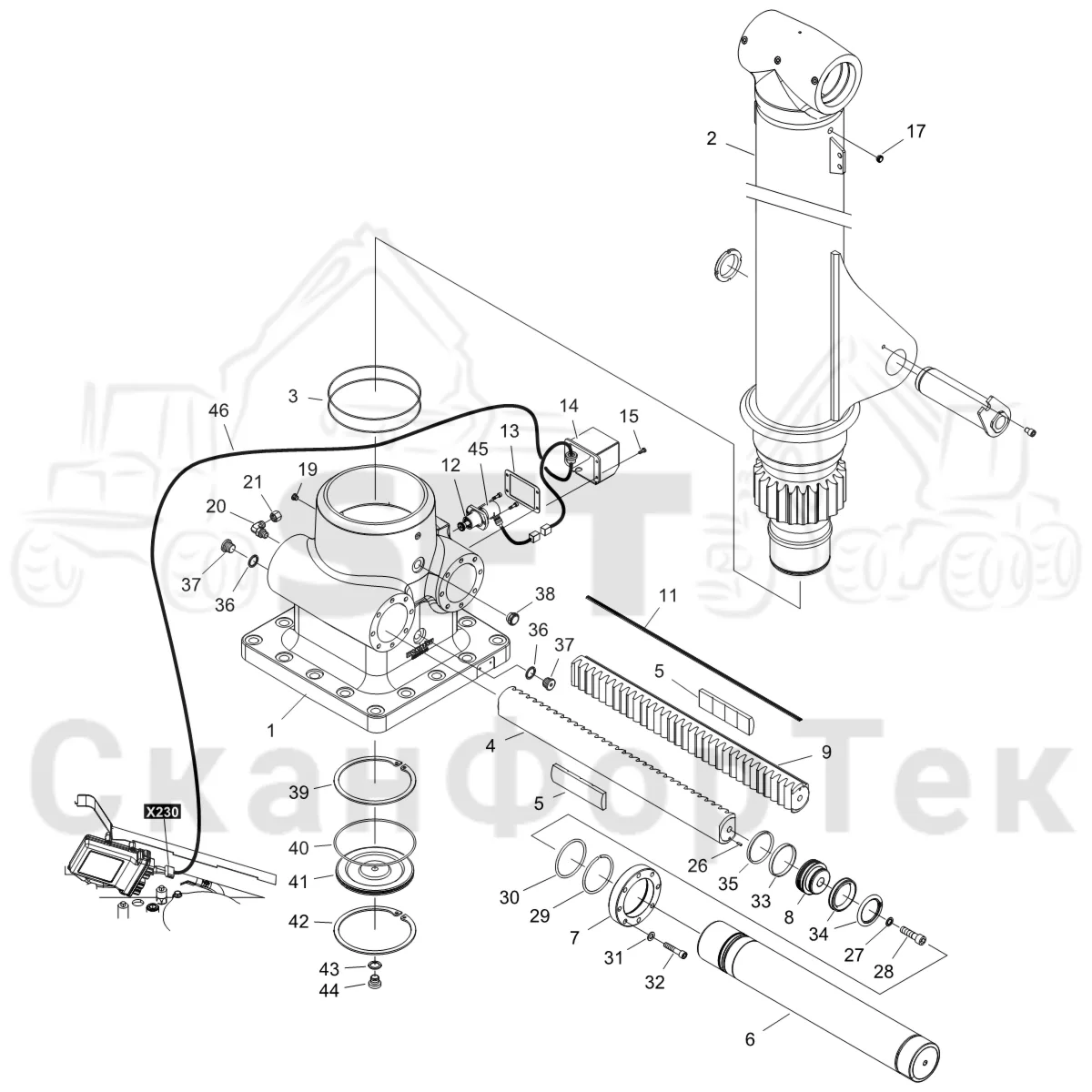 Схема: Komatsu / Форвардер / 895 S/N 8950011010- / Каталог запасных частей / Подъемный кран / Система поворотного механизма / Система поворотного механизма Датчик