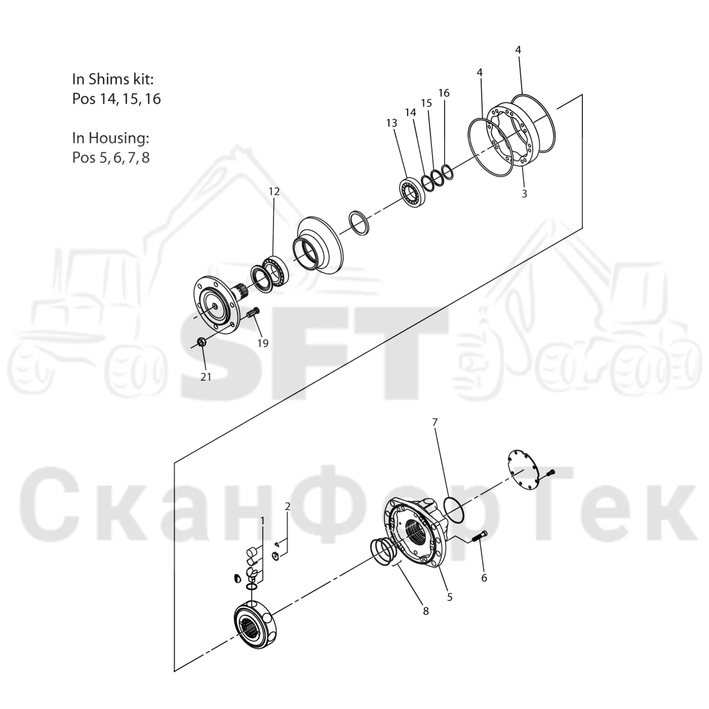 Схема: Komatsu / Головки лесозаготовительной машины / 300 Головки лесозаготовительной машины / 340 / Каталог запасных частей / Подача / шасси подающего ролика 340000153- / Запасные части - гидравлический двигатель 340000153-0430