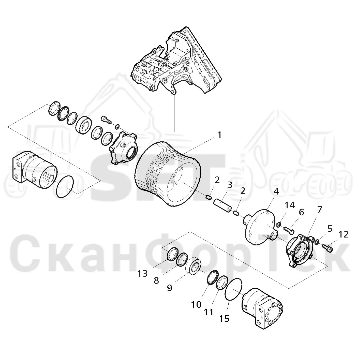 Схема: Komatsu / Лесозаготовительные машины / 901.4 / Каталог запасных частей / Лесозаготовительное оборудование / Головка лесозаготовительной машины / 350.1 / Каталог запасных частей / Подача / Подающий ролик / Подающий ролик