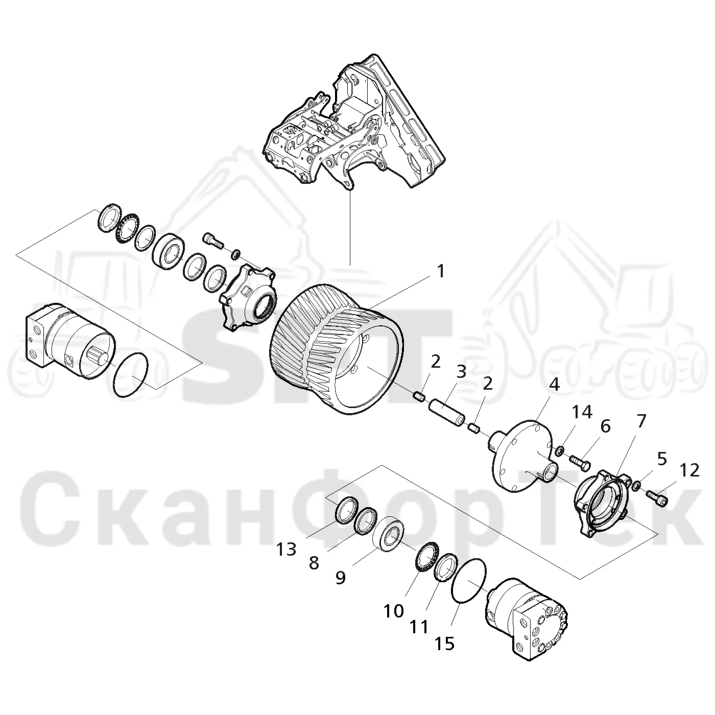 Схема: Komatsu / Лесозаготовительные машины / 901TX / Каталог запасных частей / Лесозаготовительное оборудование / Головка лесозаготовительной машины / 350.1 / Каталог запасных частей / Подача / Подающий ролик / Подающий ролик