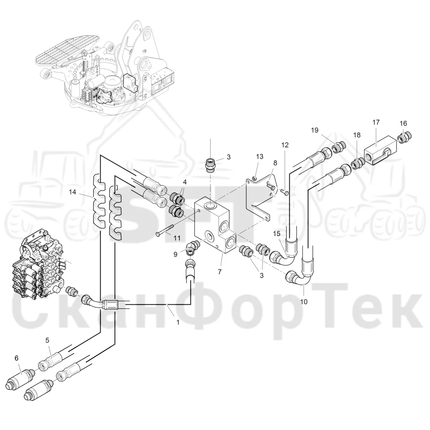 Схема: Valmet / Лесозаготовительные машины / Valmet 931 / Valmet 931 / Каталог запасных частей / Гидравлика / Клапан подъемного крана / Система впуска-выпуска