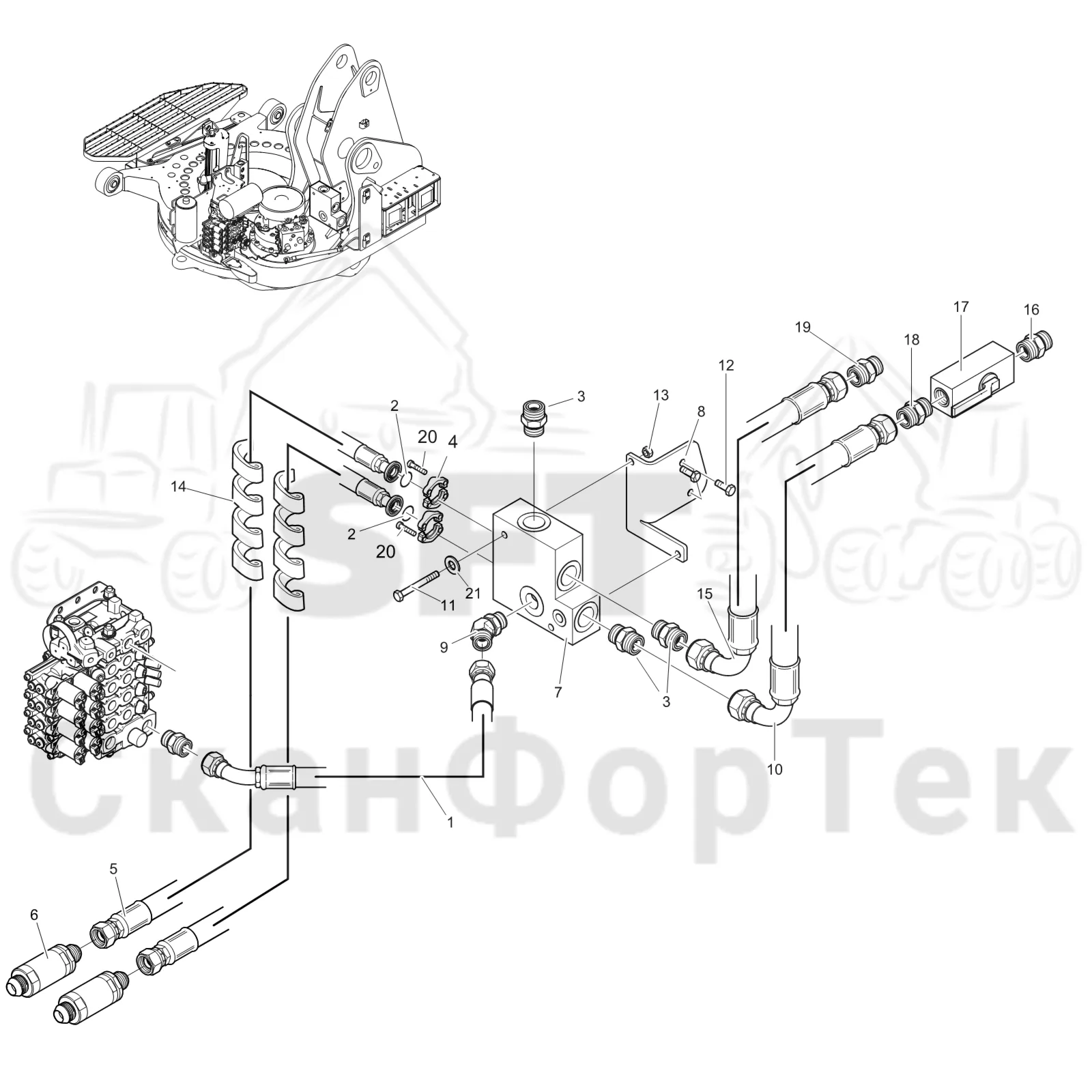 Схема: Komatsu / Лесозаготовительные машины / 931.1 / Каталог запасных частей / Гидравлика / Клапан подъемного крана / Система впуска-выпуска 9310011171-