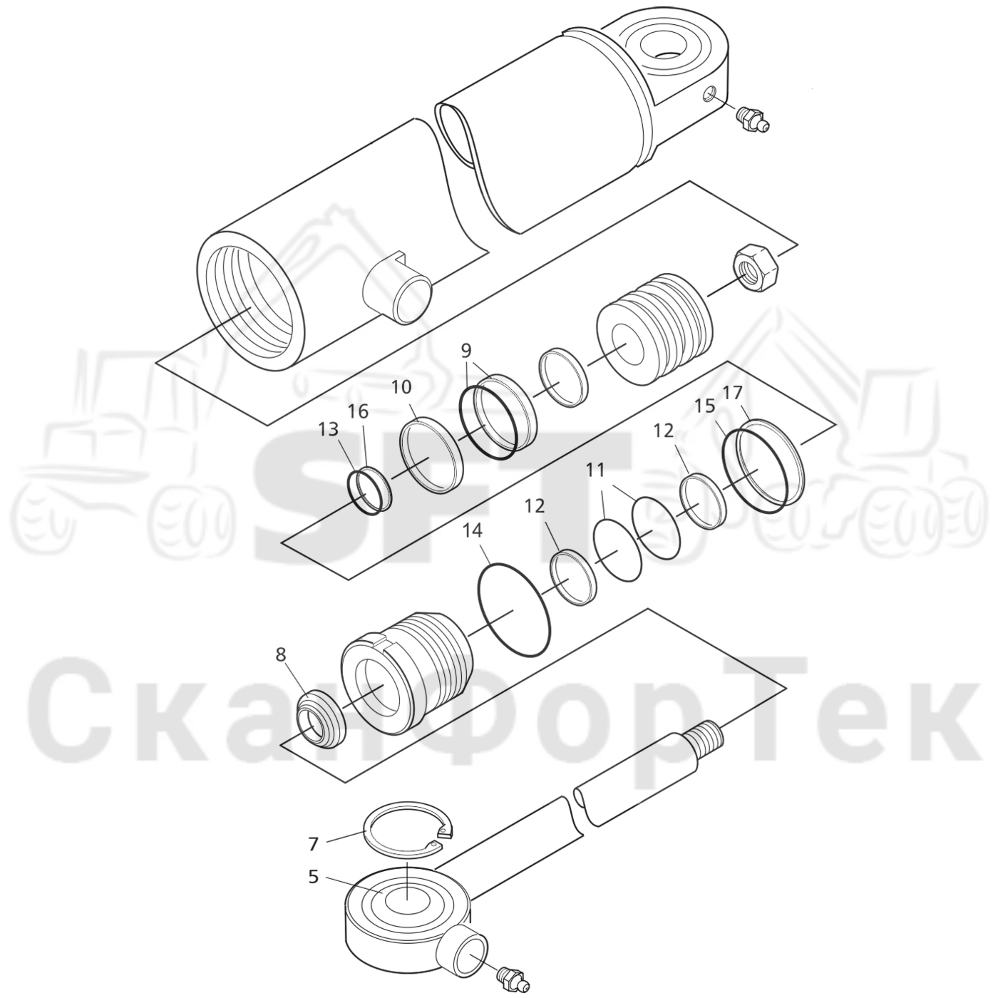 Схема: Valmet / Лесозаготовительные машины / Valmet 901.4 / Valmet 901.4 / Каталог запасных частей / Лесозаготовительное оборудование / Головка лесозаготовительной машины / Valmet 350.1 / Каталог запасных частей / Обрезка сучьев / Гидравлический привод сучкорезного ножа / Запасные части цилиндра
