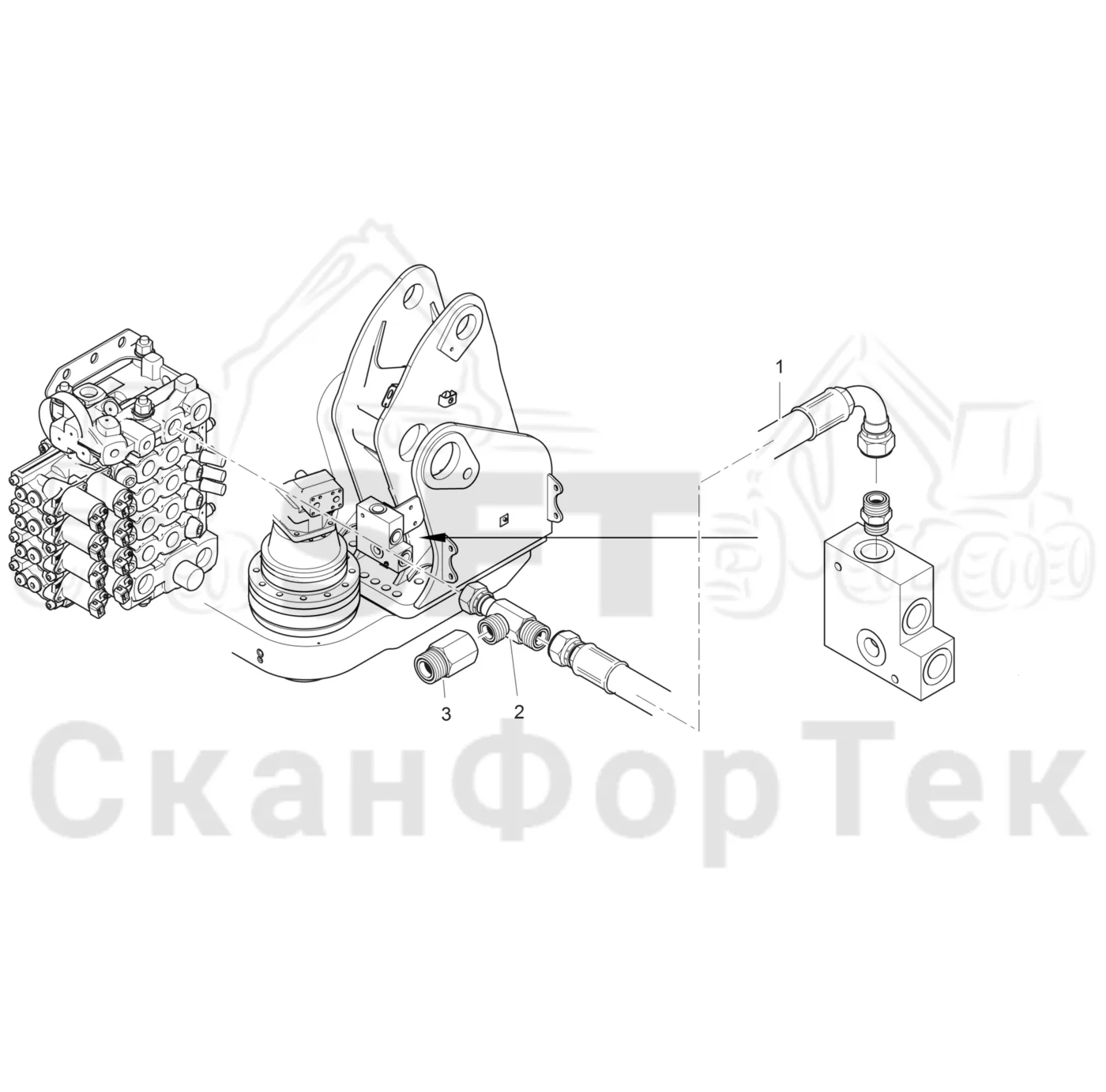 Схема: Komatsu / Лесозаготовительные машины / 931 / Каталог запасных частей / Гидравлика / Клапан подъемного крана / Демпфер подъемного крана, Дренаж