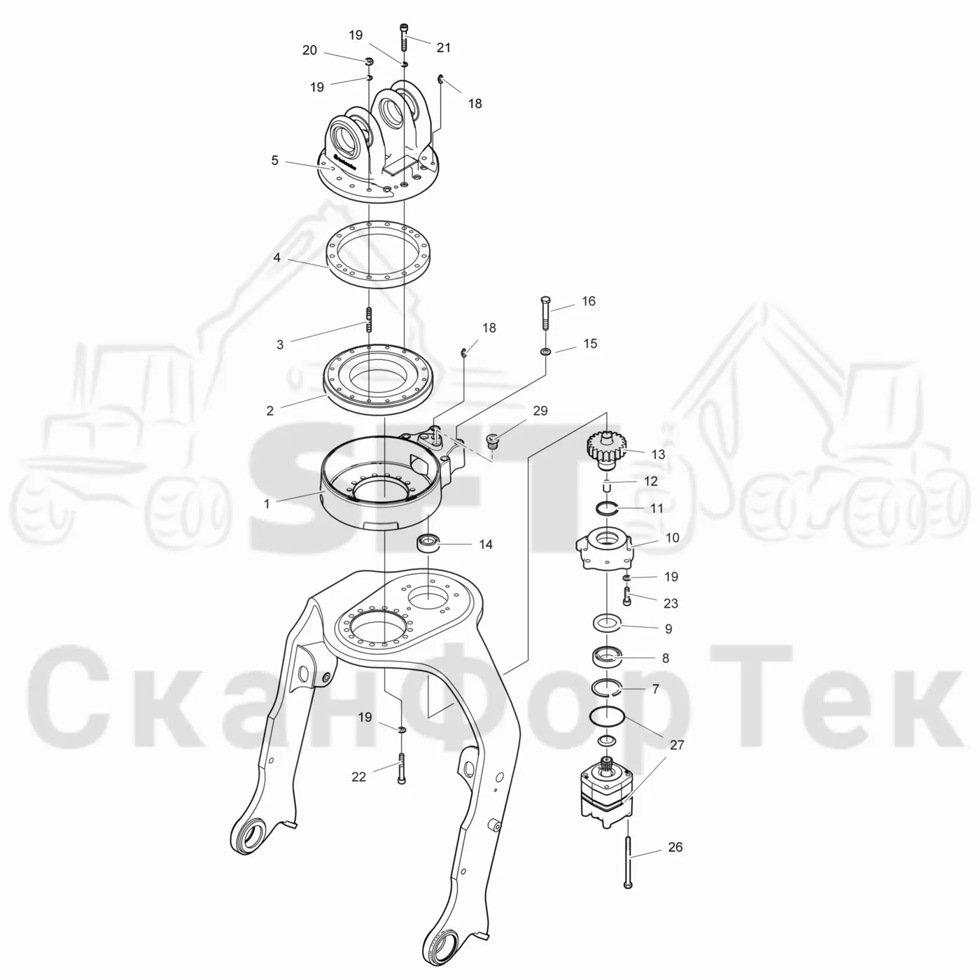 Схема: Valmet / Лесозаготовительные машины / Valmet 901.4 / Valmet 901.4 / Каталог запасных частей / Лесозаготовительное оборудование / Головка лесозаготовительной машины / Valmet 350.1 / Каталог запасных частей / Поворотные устройства и звенья / Поворотное устройство Механика / Поворотное устройство Механика 350011510-