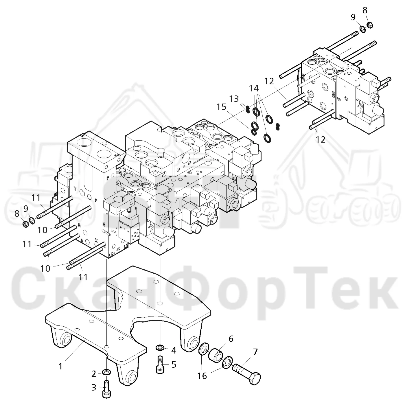 Схема: Komatsu / Головки лесозаготовительной машины / 300 Головки лесозаготовительной машины / 350.1 / Каталог запасных частей / Гидравлический клапан / Гидравлический клапан / Кронштейн клапана