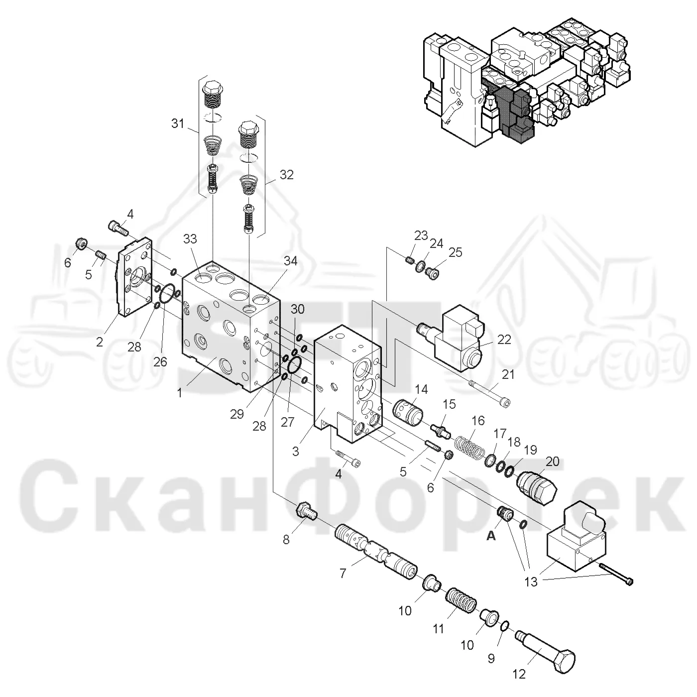 Схема: Komatsu / Головки лесозаготовительной машины / 300 Головки лесозаготовительной машины / 350.1 / Каталог запасных частей / Гидравлический клапан / Гидравлический клапан / Секция клапана