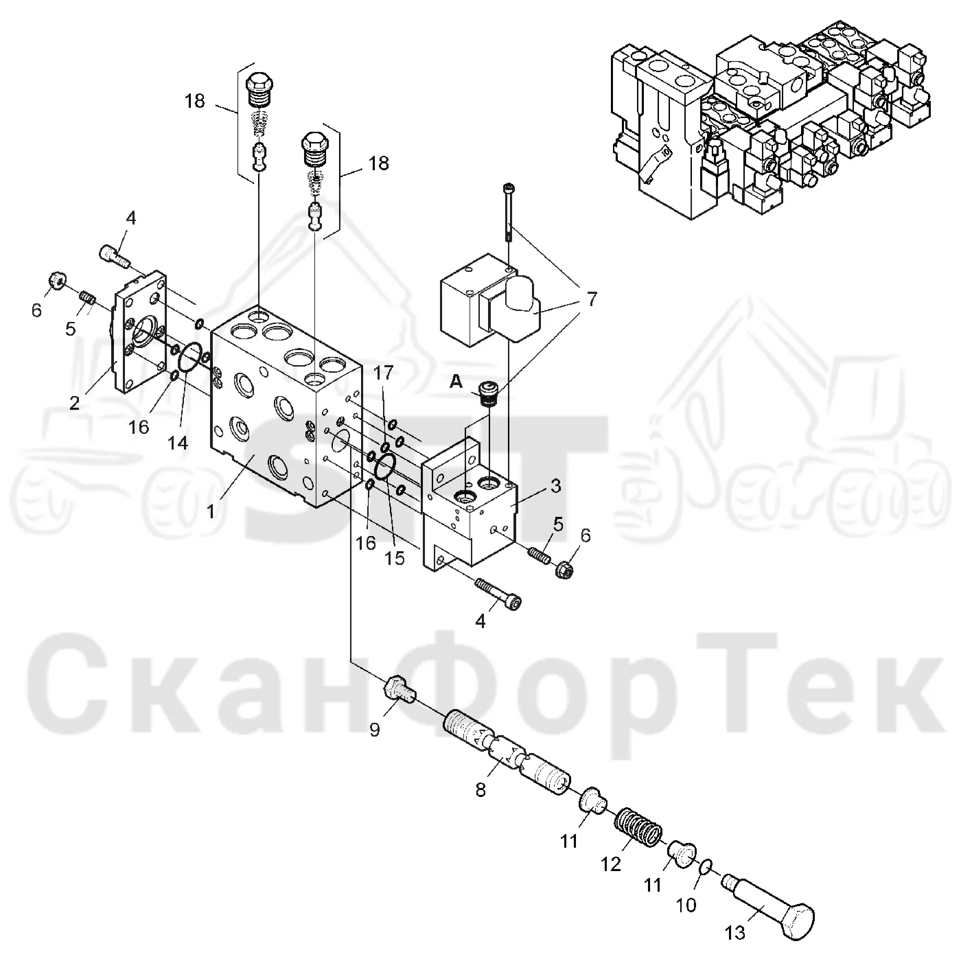 Схема: Komatsu / Лесозаготовительные машины / 911.4 / Каталог запасных частей / Лесозаготовительное оборудование / Головка лесозаготовительной машины / 350.1 / Каталог запасных частей / Гидравлический клапан / Гидравлический клапан / Секция клапана Поворотное устройство
