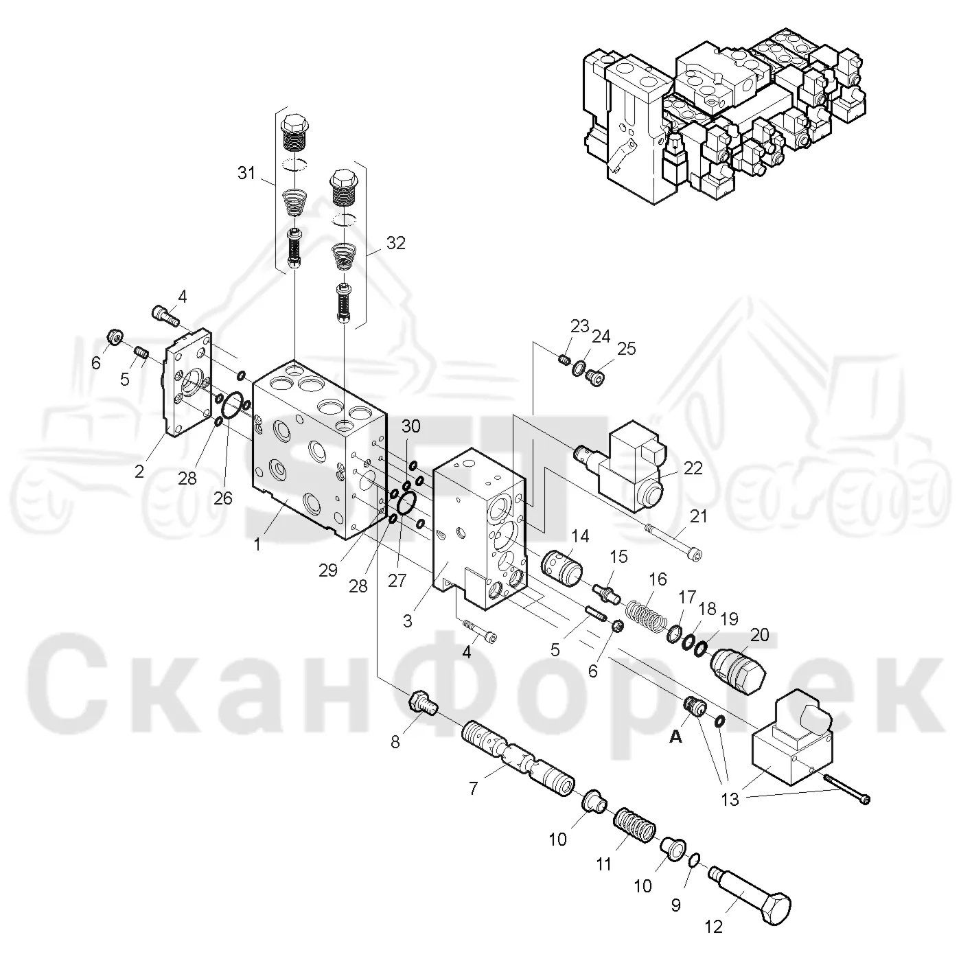 Схема: Valmet / Лесозаготовительные машины / Valmet 901.4 / Valmet 901.4 / Каталог запасных частей / Лесозаготовительное оборудование / Головка лесозаготовительной машины / Valmet 350.1 / Каталог запасных частей / Гидравлический клапан / Секция клапана Нож