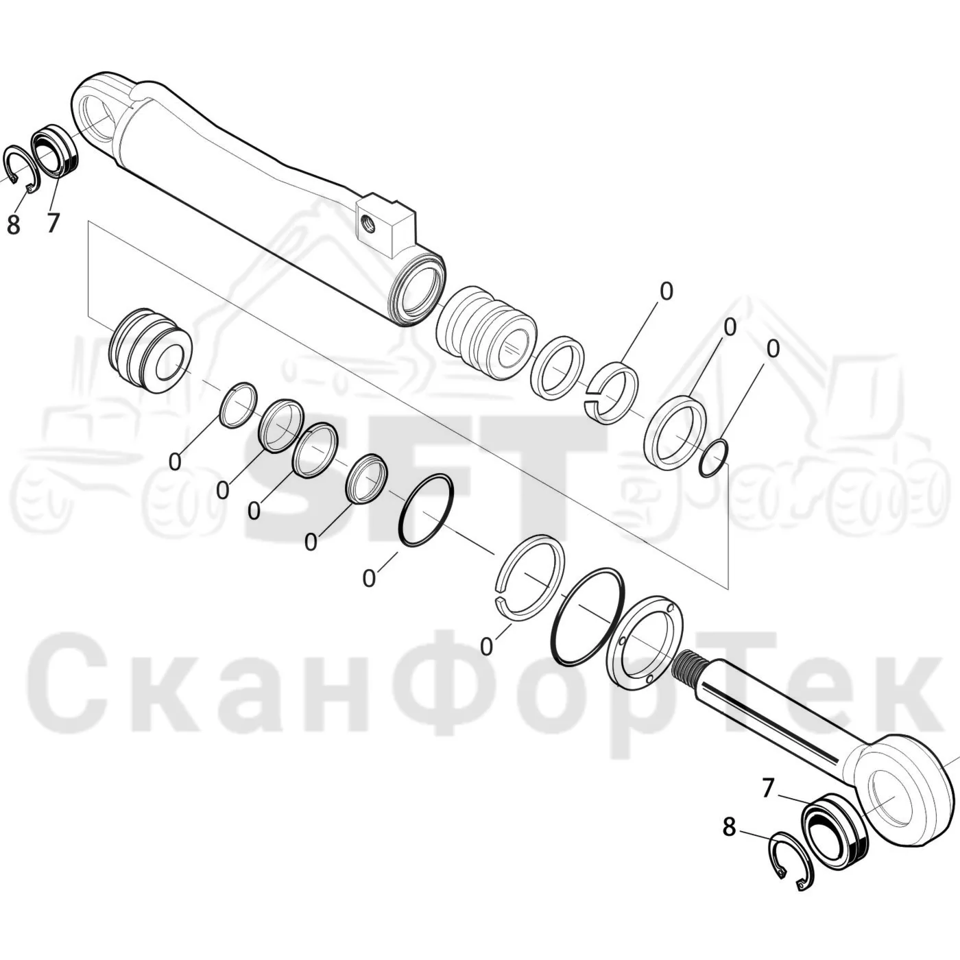 Схема: Komatsu / Лесозаготовительные машины / 931 S/N 9310021067- / Каталог запасных частей / Лесозаготовительное оборудование / Головка лесозаготовительной машины / 360.2 / Каталог запасных частей / Подача / Гидравлика открывания и закрывания роликов подачи / Запасные части цилиндра