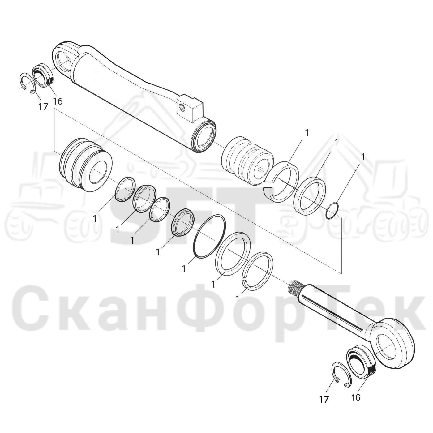 Схема: Komatsu / Лесозаготовительные машины / 931.1 / Каталог запасных частей / Лесозаготовительное оборудование / Головка лесозаготовительной машины / 360.2 / Каталог запасных частей / Обрезка сучьев / Гидравлическое оборудование передних сучкорезных ножей / Запасные части цилиндра