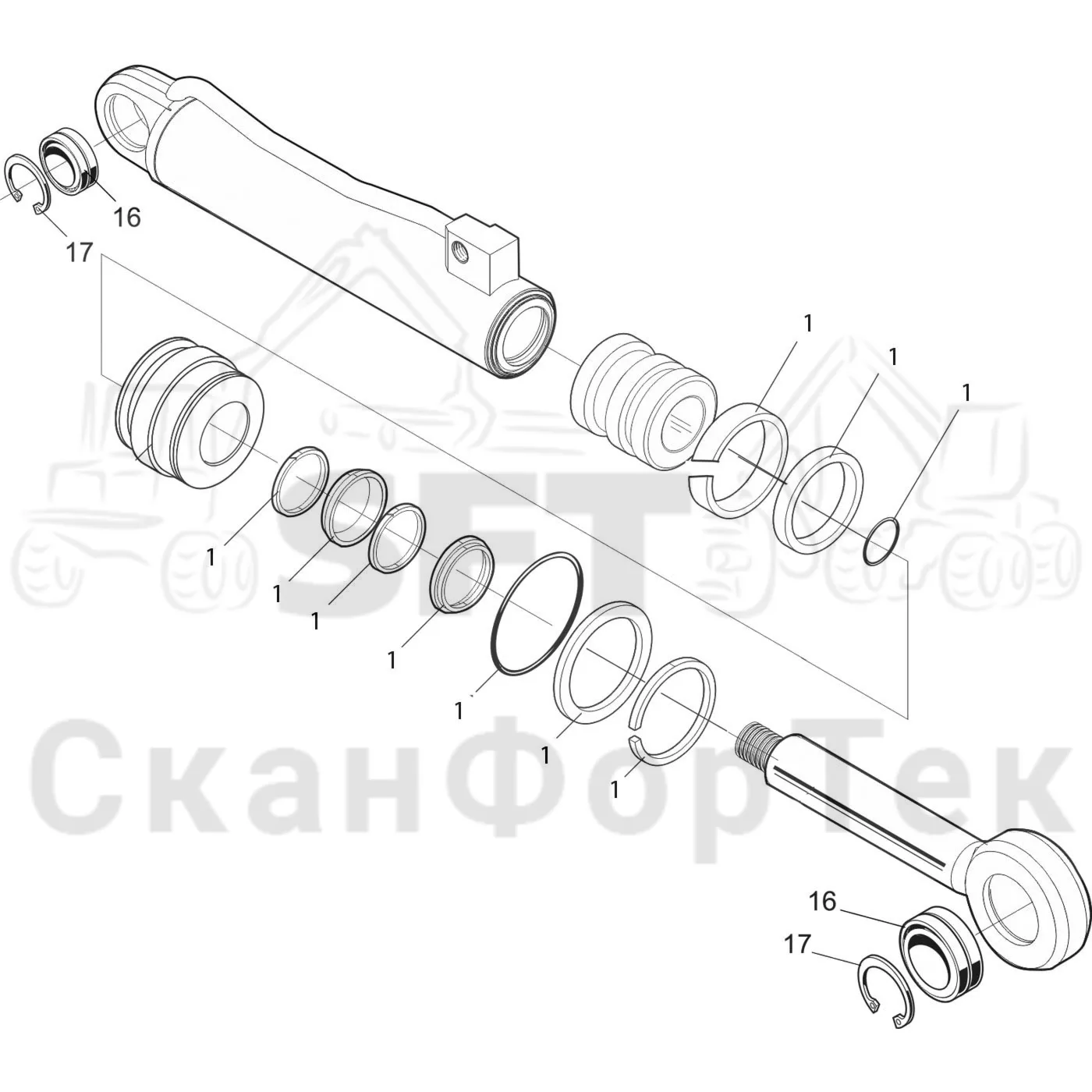 Схема: Komatsu / Лесозаготовительные машины / 911 S/N 9110062167- / Каталог запасных частей / Лесозаготовительное оборудование / Головка лесозаготовительной машины / 370.2 / Каталог запасных частей / Обрезка сучьев / Гидравлическое оборудование передних сучкорезных ножей / Запасные части цилиндра 3700022637-