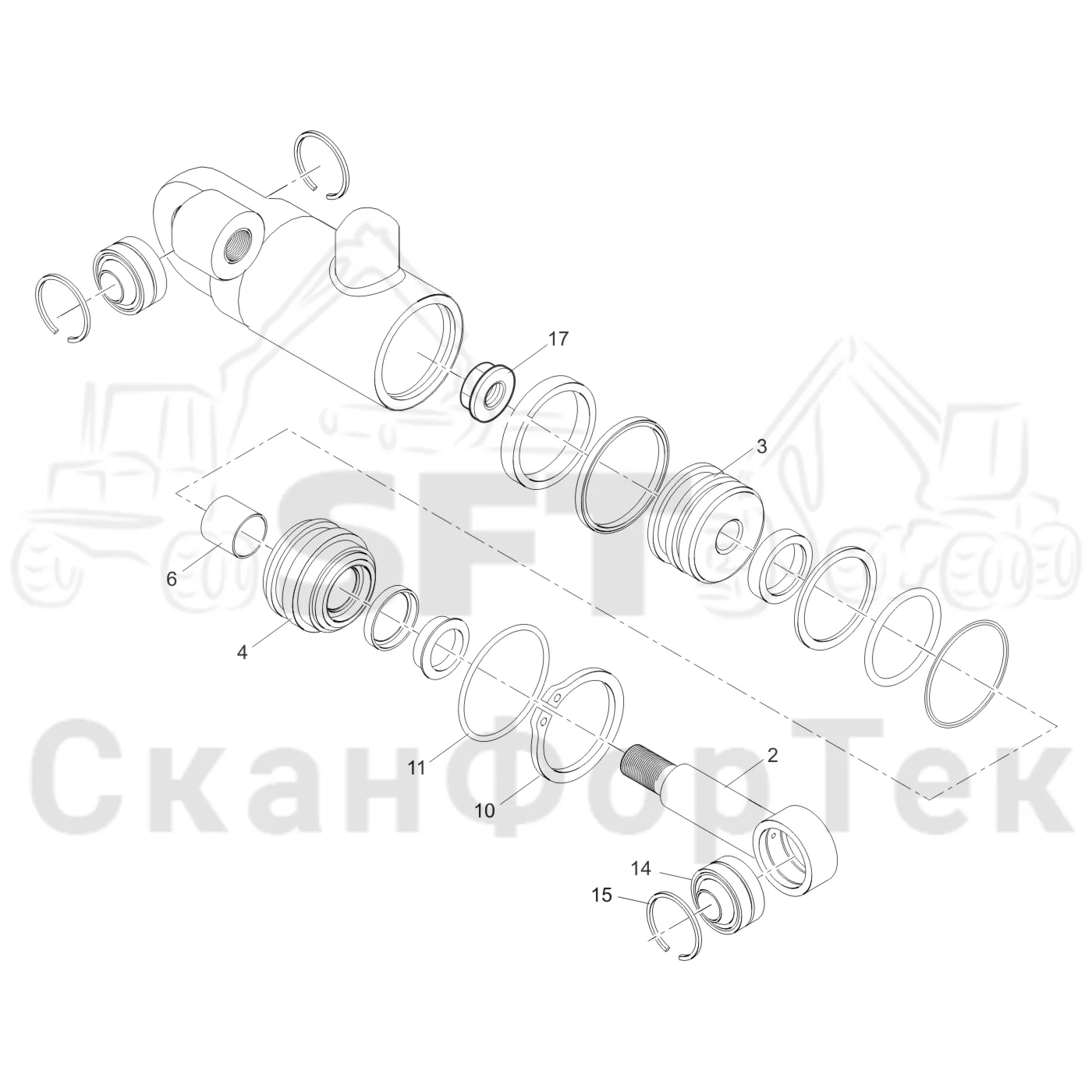 Схема: Komatsu / Лесозаготовительные машины / 931.1 / Каталог запасных частей / Лесозаготовительное оборудование / Головка лесозаготовительной машины / 360.2 / Каталог запасных частей / Измерение / Гидравлика подъемного механизма мерного ролика / Запасные части цилиндра