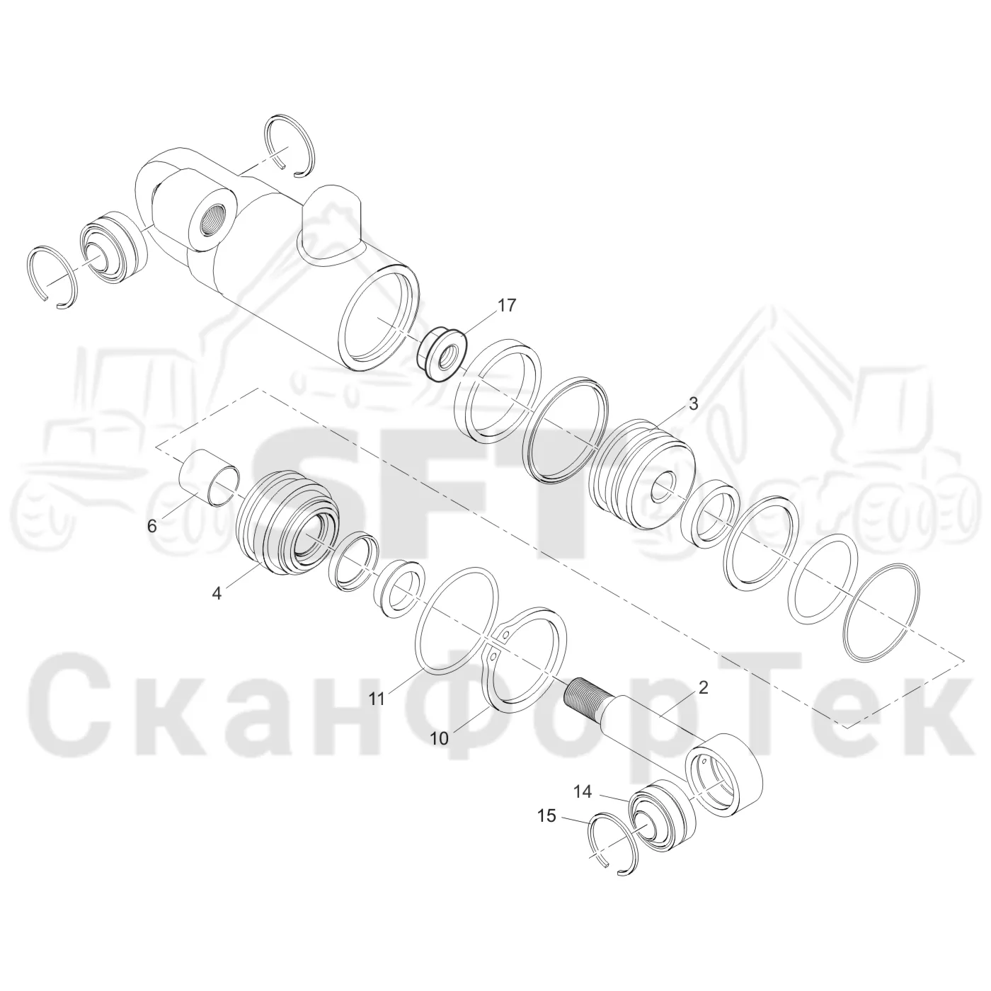 Схема: Komatsu / Лесозаготовительные машины / 911.5 / Каталог запасных частей / Лесозаготовительное оборудование / Головка лесозаготовительной машины / 360.2 / Каталог запасных частей / Измерение / Гидравлика подъемного механизма мерного ролика / Запасные части цилиндра