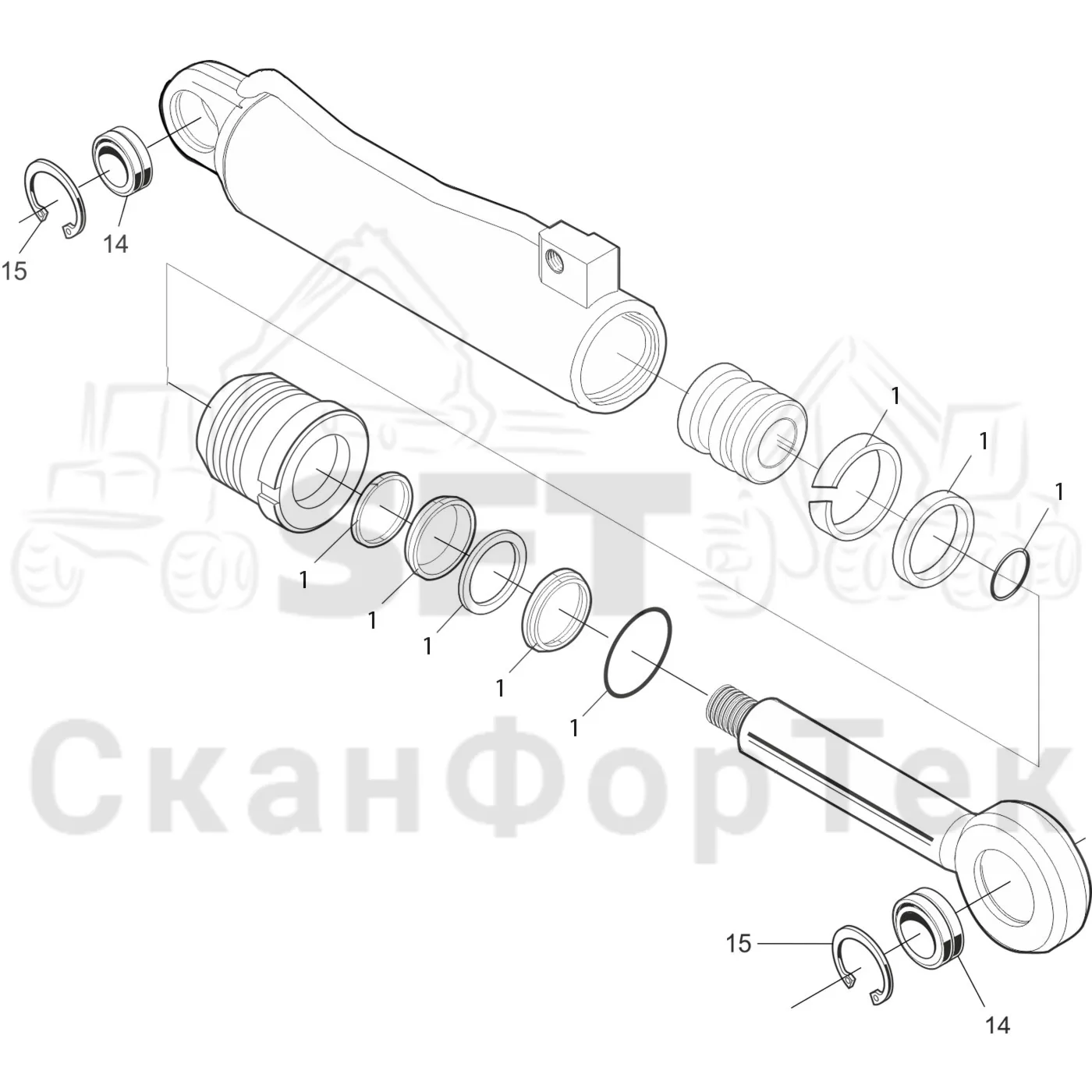 Схема: Komatsu / Лесозаготовительные машины / 931 / Каталог запасных частей / Лесозаготовительное оборудование / Головка лесозаготовительной машины / 360.2 / Каталог запасных частей / Валка леса / Валочное гидравлическое оборудование / Запасные части цилиндра 3600023156-