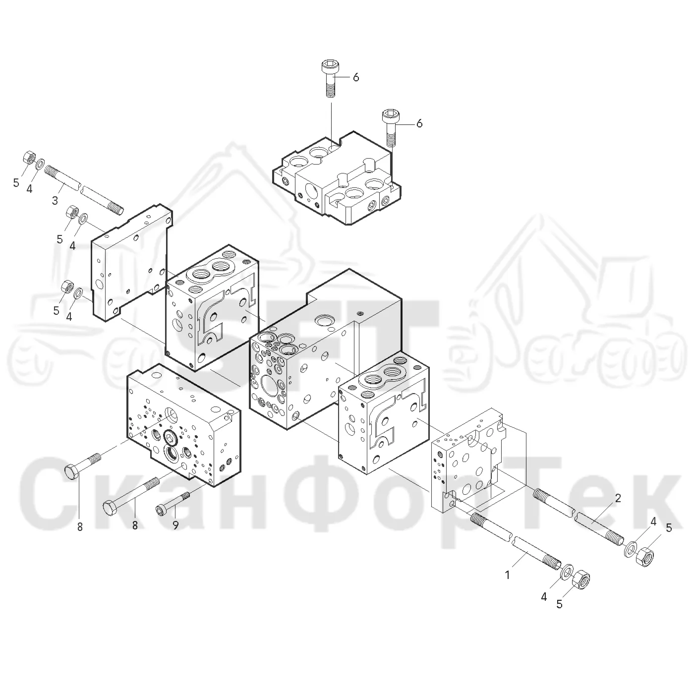Схема: Komatsu / Лесозаготовительные машины / 931XC S/N 9313021208- / Каталог запасных частей / Лесозаготовительное оборудование / Головка лесозаготовительной машины / 360.2 / Каталог запасных частей / Гидравлический клапан / Гидравлический клапан / Узел клапана