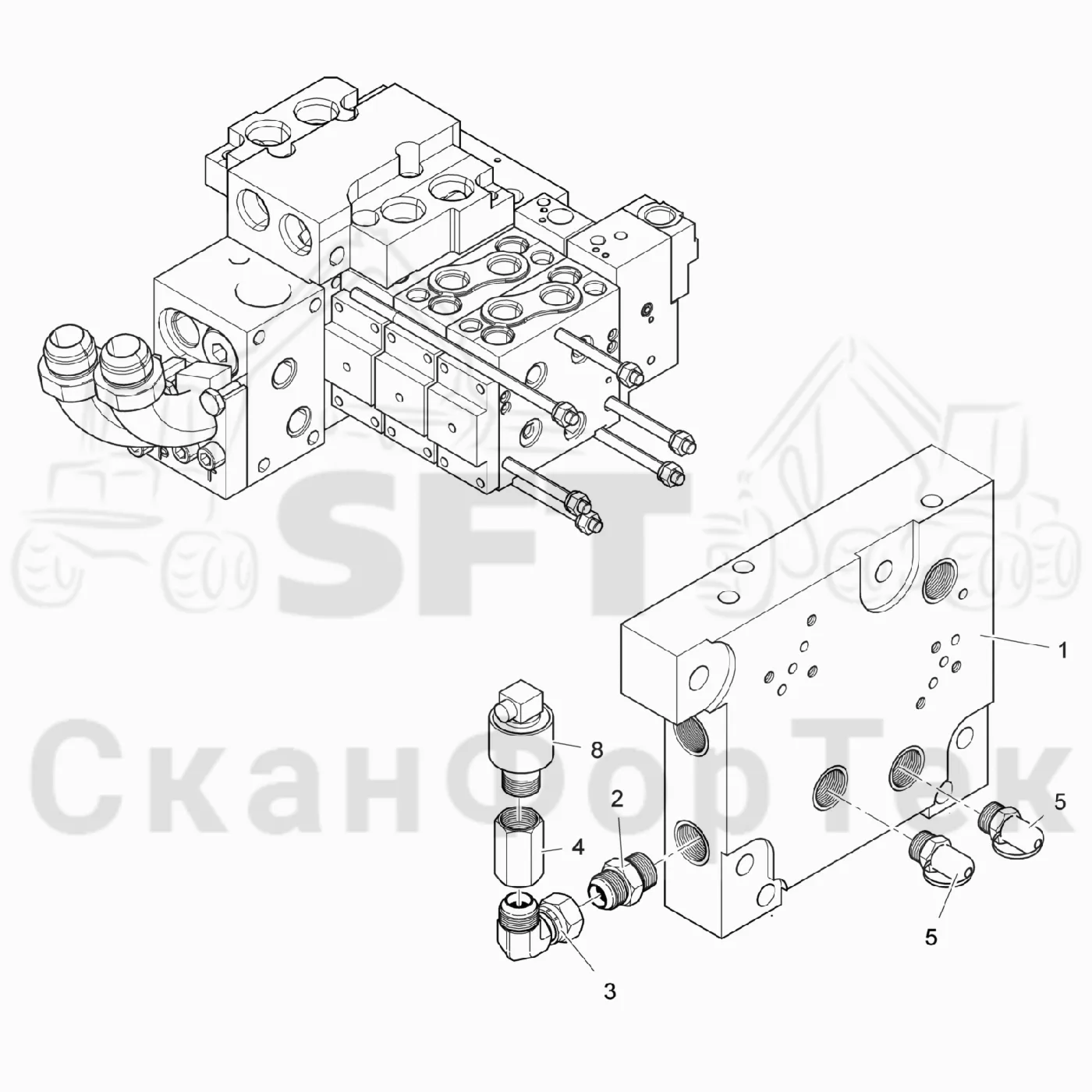 Схема: Valmet / Лесозаготовительные машины / Valmet 911.3 / Valmet 911.3 Ch - 311370 / Valmet 911.3 Ch - 311370 / Каталог запасных частей / Лесозаготовительное оборудование / Головка лесозаготовительной машины / Valmet 360.2 / Каталог запасных частей / Гидравлический клапан / Левый концевой блок