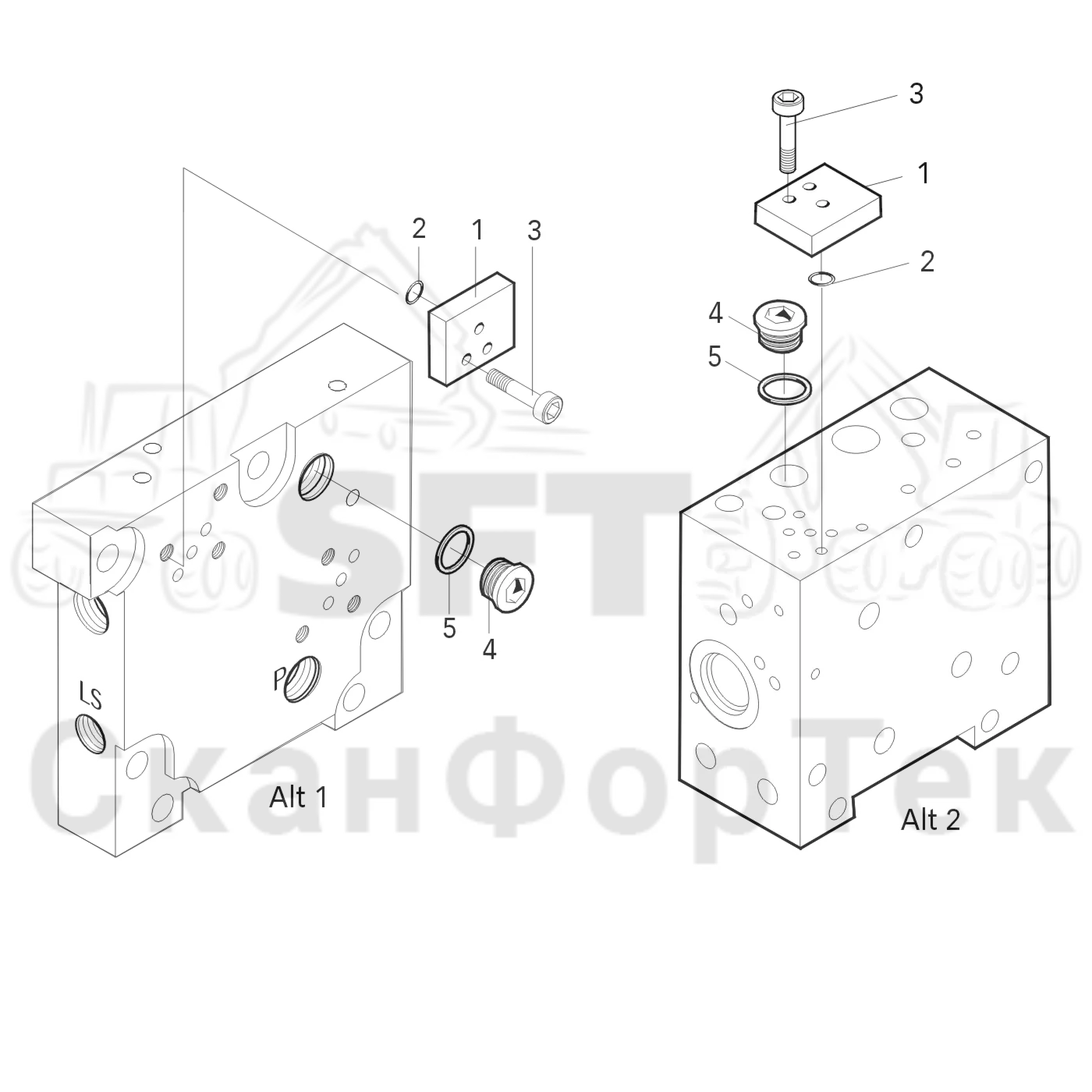 Схема: Komatsu / Головки лесозаготовительной машины / 300 Головки лесозаготовительной машины / 370.2 / Каталог запасных частей / Гидравлический клапан / Гидравлический клапан 3700022651- / Левый концевой блок