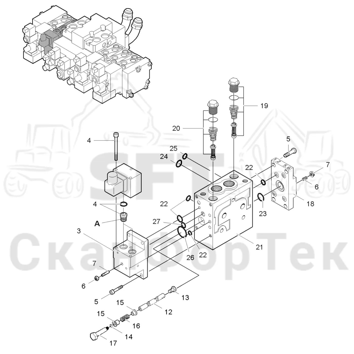 Схема: Komatsu / Лесозаготовительные машины / 911 S/N 9112062167- / Каталог запасных частей / Лесозаготовительное оборудование / Головка лесозаготовительной машины / 360.2 / Каталог запасных частей / Гидравлический клапан / Гидравлический клапан / Клапан. Рубка