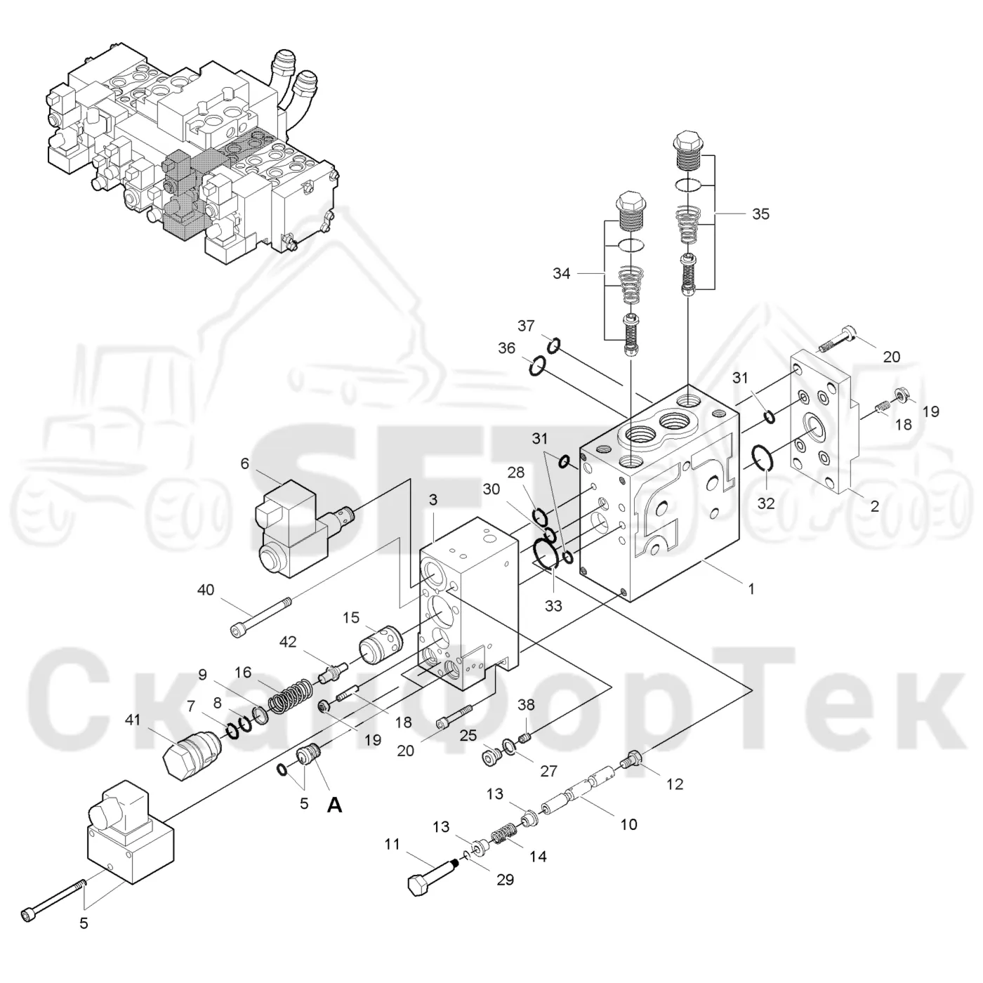 Схема: Komatsu / Лесозаготовительные машины / 911 S/N 9110062167- / Каталог запасных частей / Лесозаготовительное оборудование / Головка лесозаготовительной машины / 360.2 / Каталог запасных частей / Гидравлический клапан / Гидравлический клапан / Клапан. Передние сучкорезные ножи
