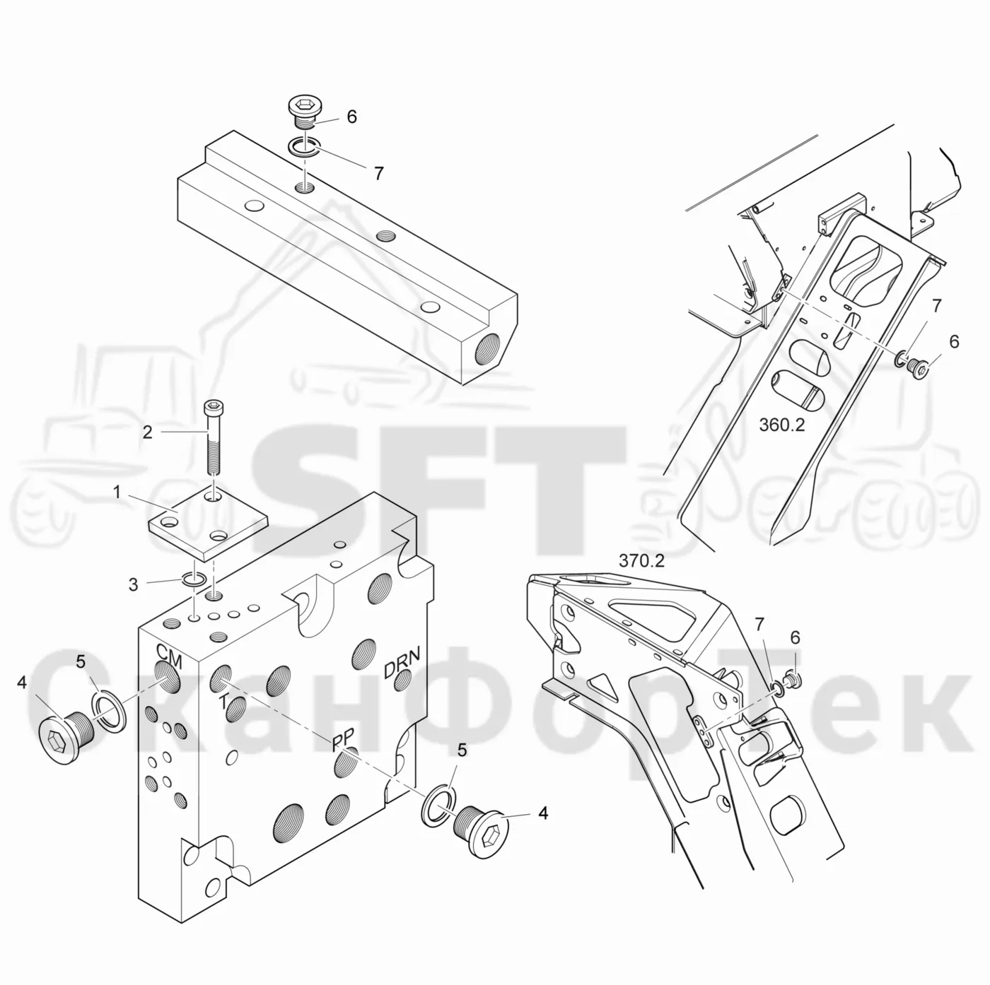 Схема: Komatsu / Головки лесозаготовительной машины / 300 Головки лесозаготовительной машины / 370.2 / Каталог запасных частей / Гидравлический клапан / Гидравлический клапан / .конечный блок правый без цветоразметки