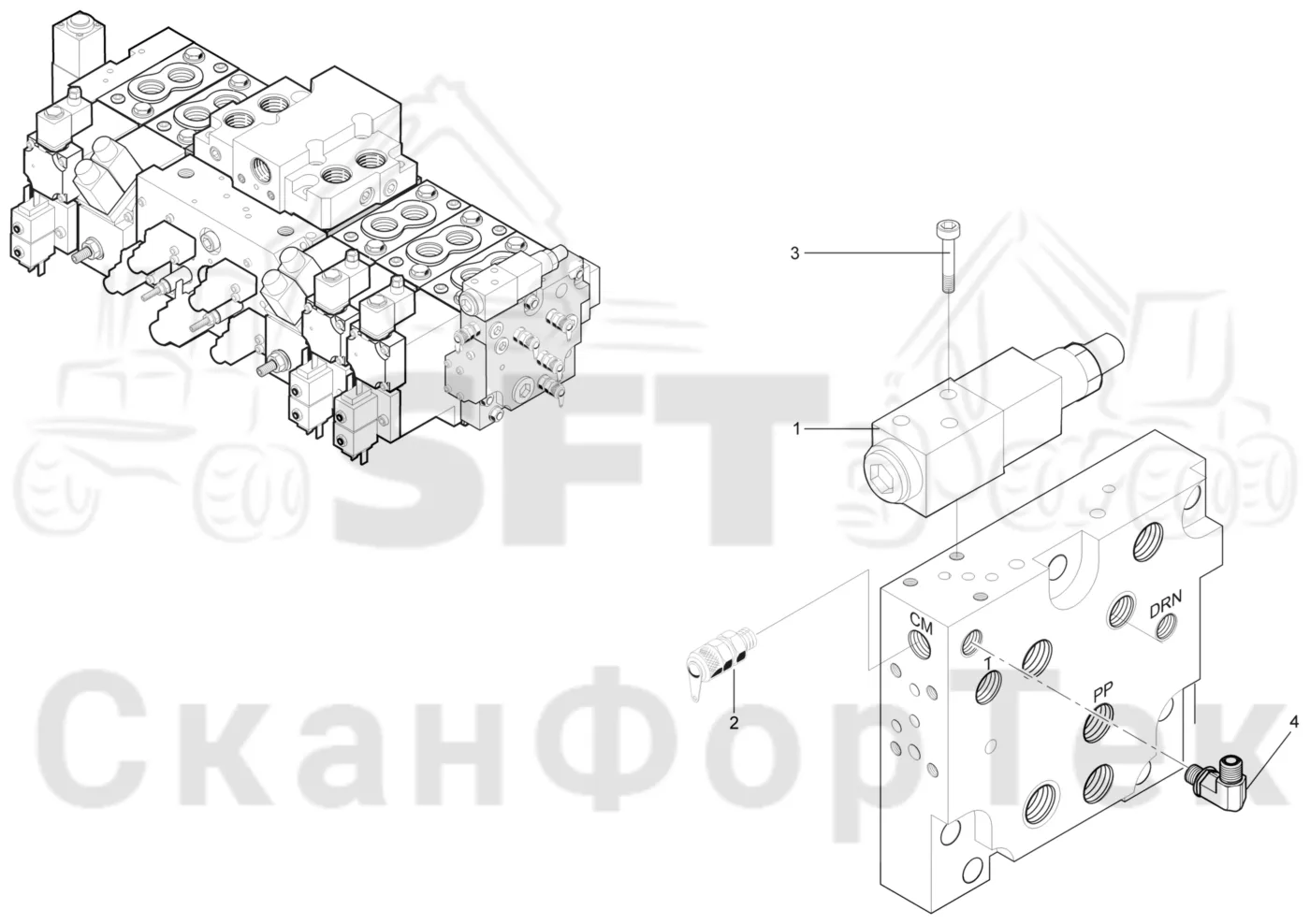 Схема: Komatsu / Лесозаготовительные машины / 941.1 / Каталог запасных частей / Лесозаготовительное оборудование / Головка лесозаготовительной машины / 370.2 / Каталог запасных частей / Гидравлический клапан / Гидравлический клапан / Правый концевой блок с цветовой маркировкой