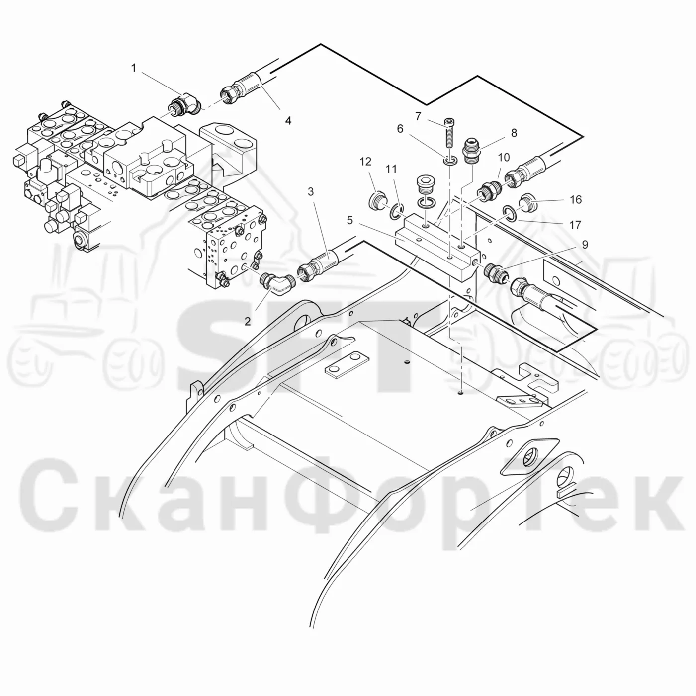 Схема: Komatsu / Лесозаготовительные машины / 931 S/N 9310021067- / Каталог запасных частей / Лесозаготовительное оборудование / Головка лесозаготовительной машины / 360.2 / Каталог запасных частей / Гидравлический клапан / Гидравлический клапан / Дренаж