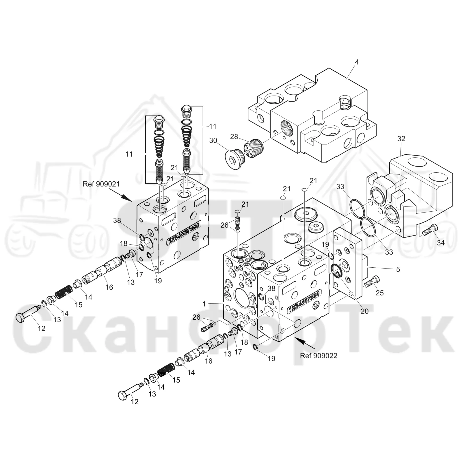 Схема: Komatsu / Лесозаготовительные машины / 931 S/N 9310021067- / Каталог запасных частей / Лесозаготовительное оборудование / Головка лесозаготовительной машины / 360.2 / Каталог запасных частей / Гидравлический клапан / Гидравлический клапан 3600023191- / Центральная секция
