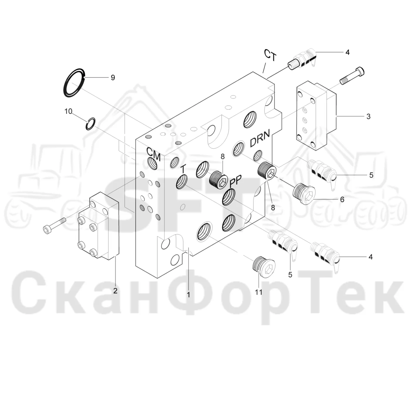 Схема: Komatsu / Лесозаготовительные машины / 911 S/N 9112062167- / Каталог запасных частей / Лесозаготовительное оборудование / Головка лесозаготовительной машины / 360.2 / Каталог запасных частей / Гидравлический клапан / Гидравлический клапан 3600023191- / Правый концевой блок 3600023291-