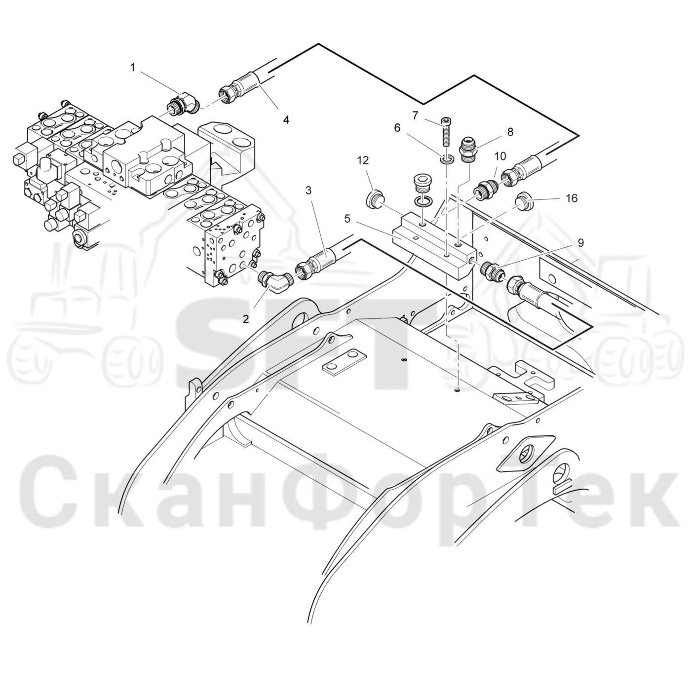 Схема: Komatsu / Головки лесозаготовительной машины / 300 Головки лесозаготовительной машины / 370E / Каталог запасных частей / Гидравлический клапан / Гидравлический клапан 3701002428- / Дренаж 3701002551-