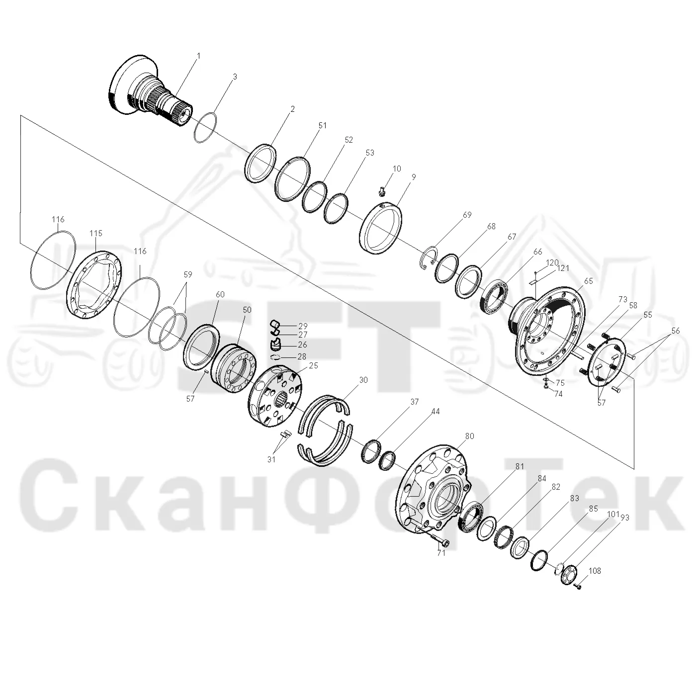 Схема: Valmet / Головки лесозаготовительной машины / Valmet 370.1 / Valmet 370.1 Ch. 111801- / Valmet 370.1 Ch. 111801- / Каталог запасных частей / Подача / Spare parts hydraulic motor 1-sp