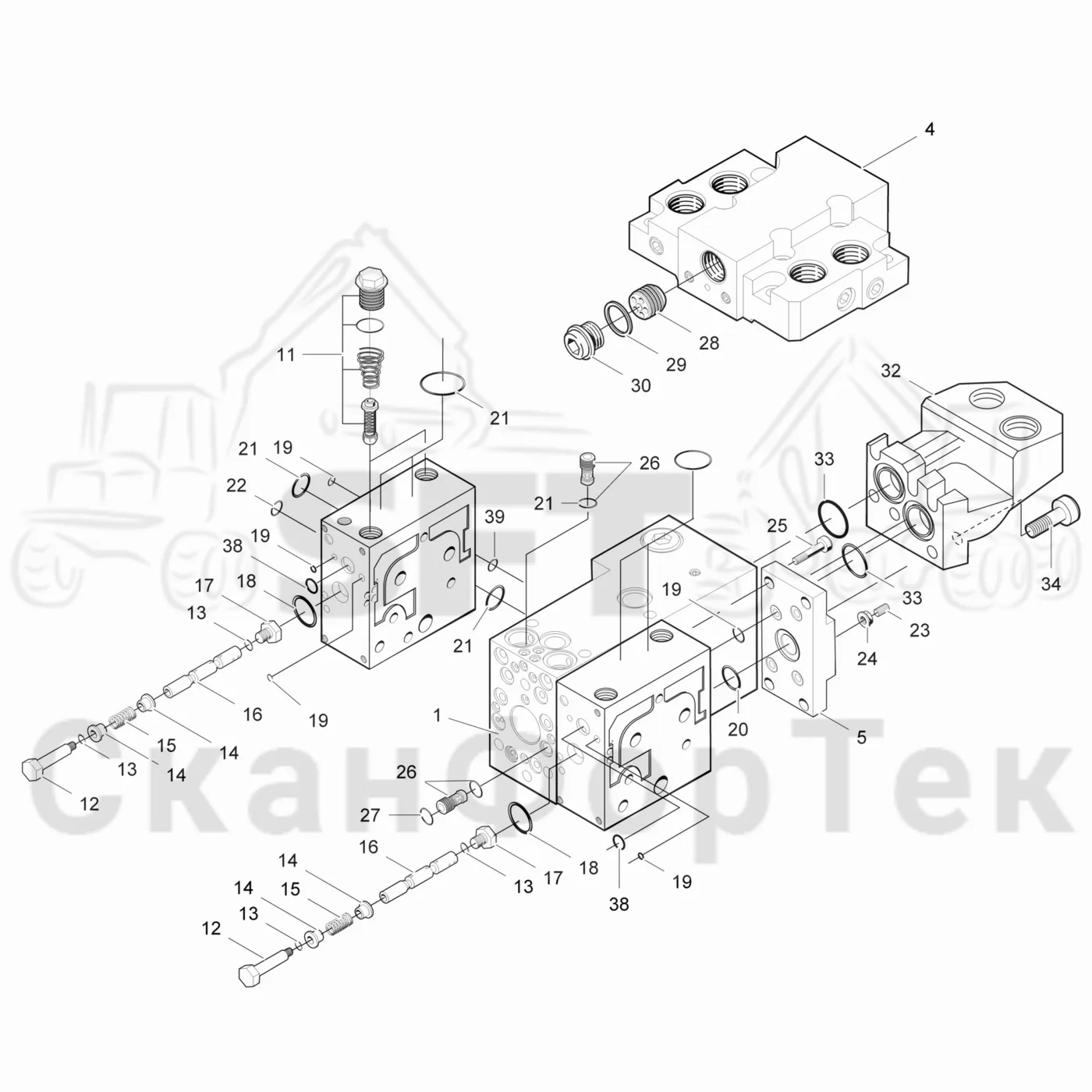 Схема: Komatsu / Лесозаготовительные машины / 931XC S/N 9313021208- / Каталог запасных частей / Лесозаготовительное оборудование / Головка лесозаготовительной машины / 370.2 / Каталог запасных частей / Гидравлический клапан / Гидравлический клапан / Центральная секция 941